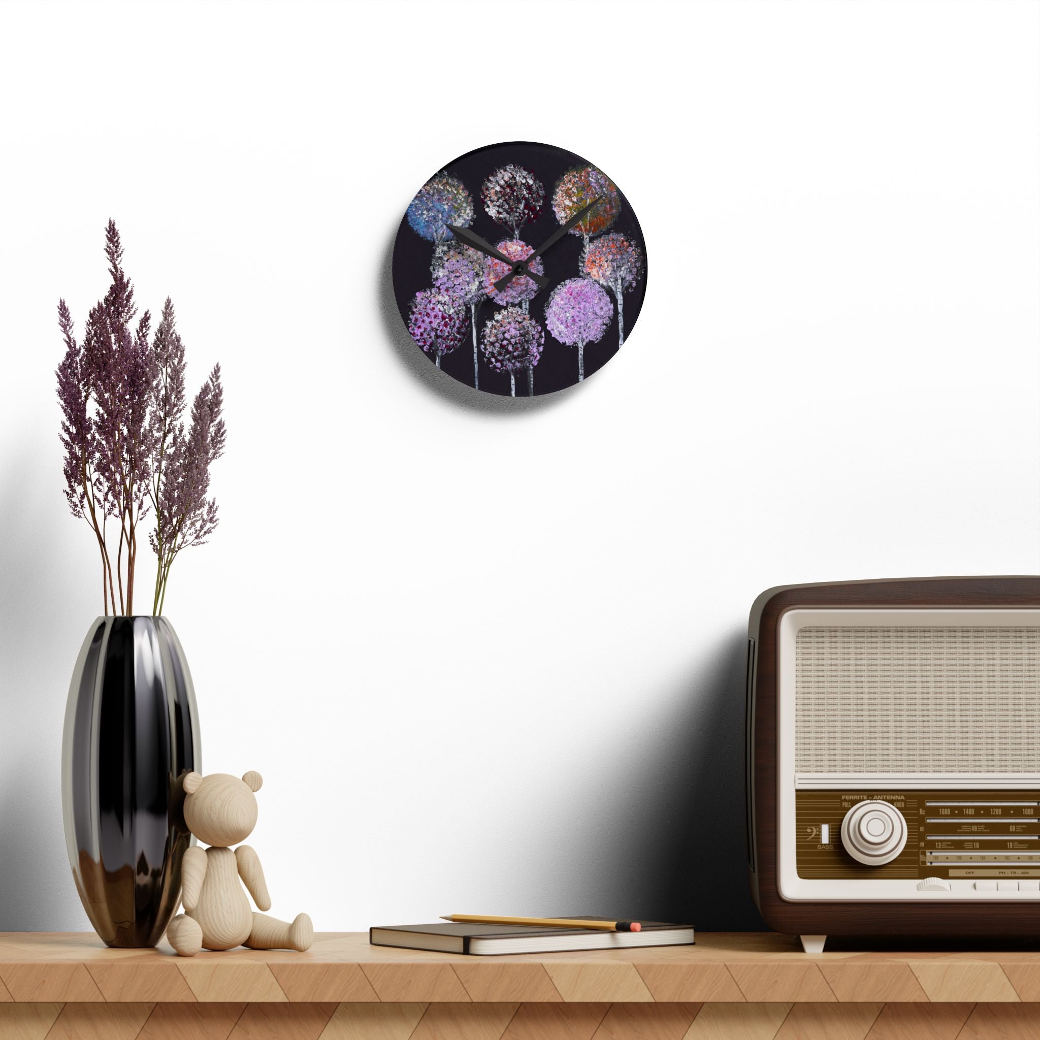 Acrylic Wall Clock — Pastel Allium Floral Design on Black