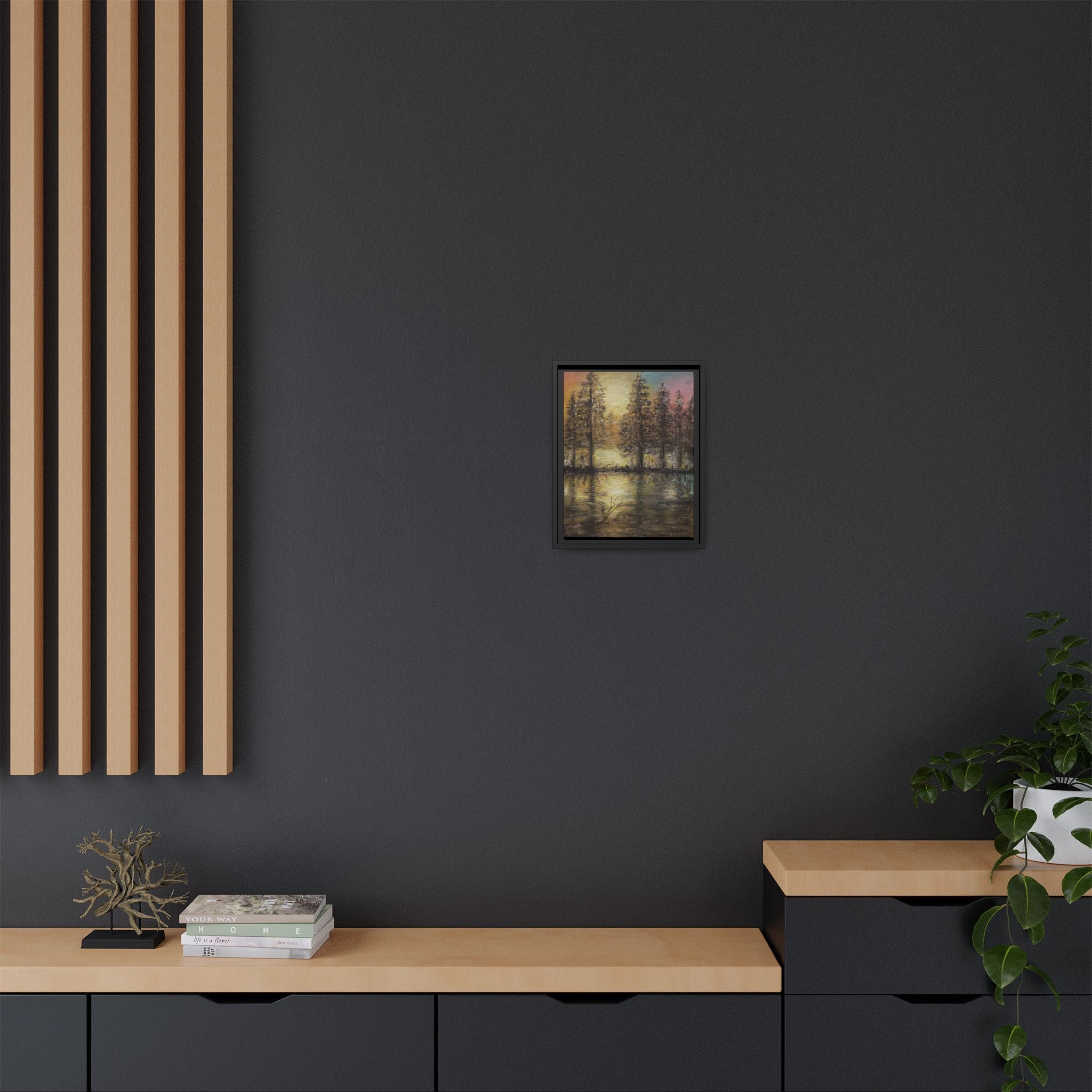 Framed Matte Canvas Wall Art — Sunset Forest Reflection