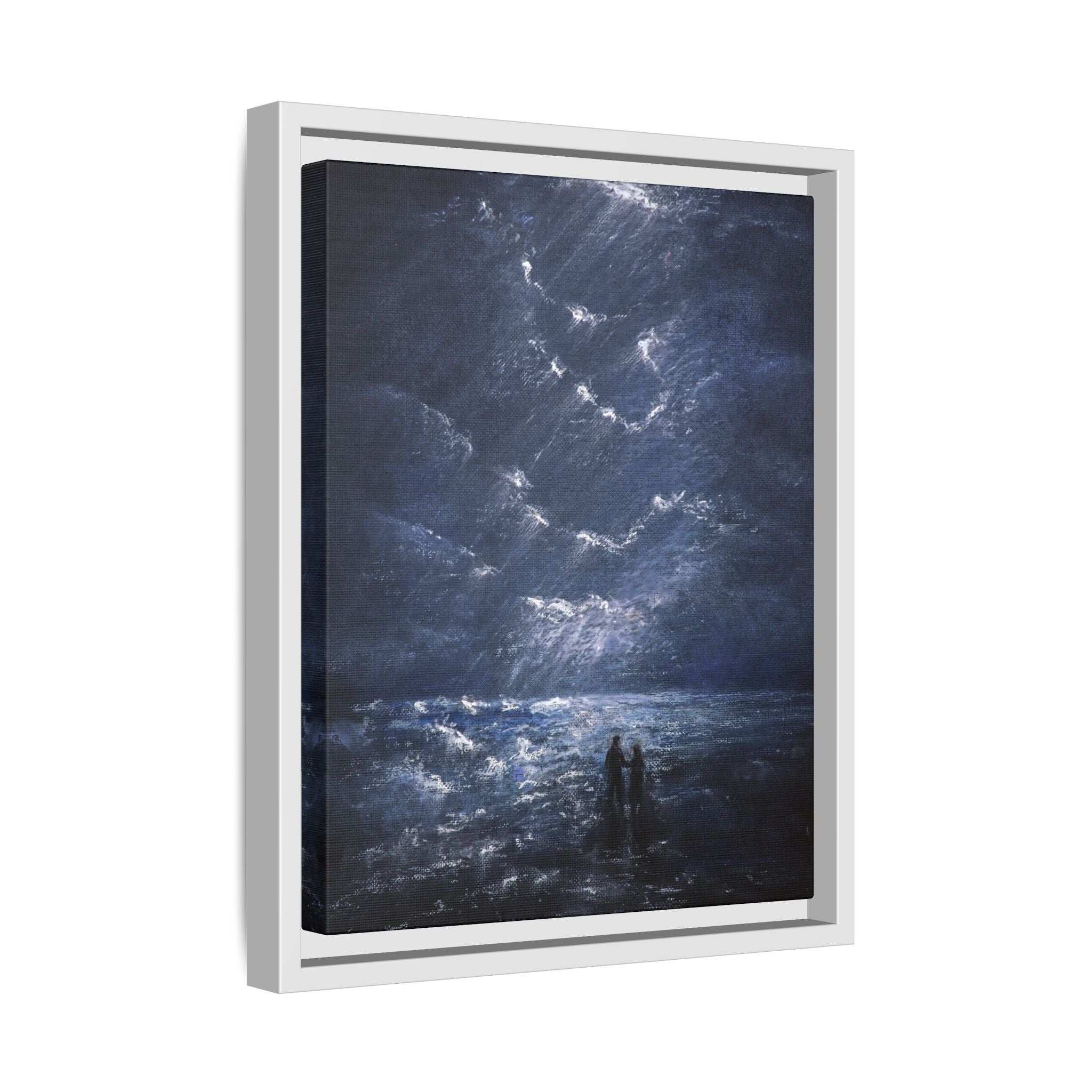 Couple on Shore at Night - Framed Canvas Art