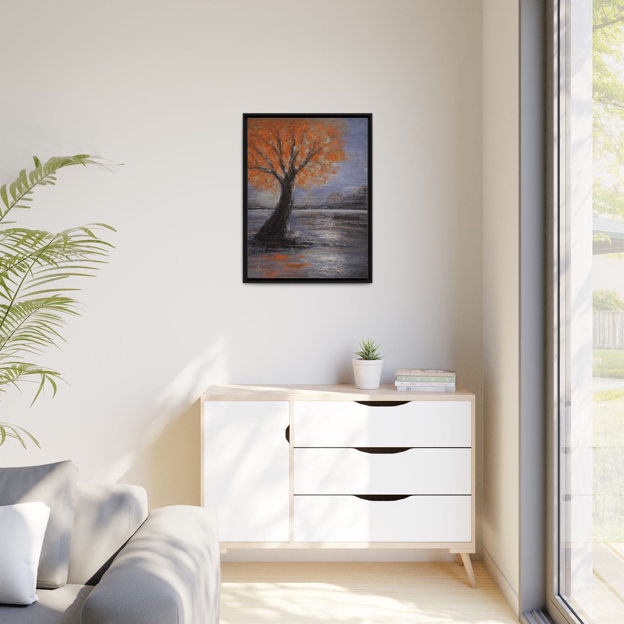 Framed Autumn Tree Canvas Print — Orange Tree Landscape Wall Art