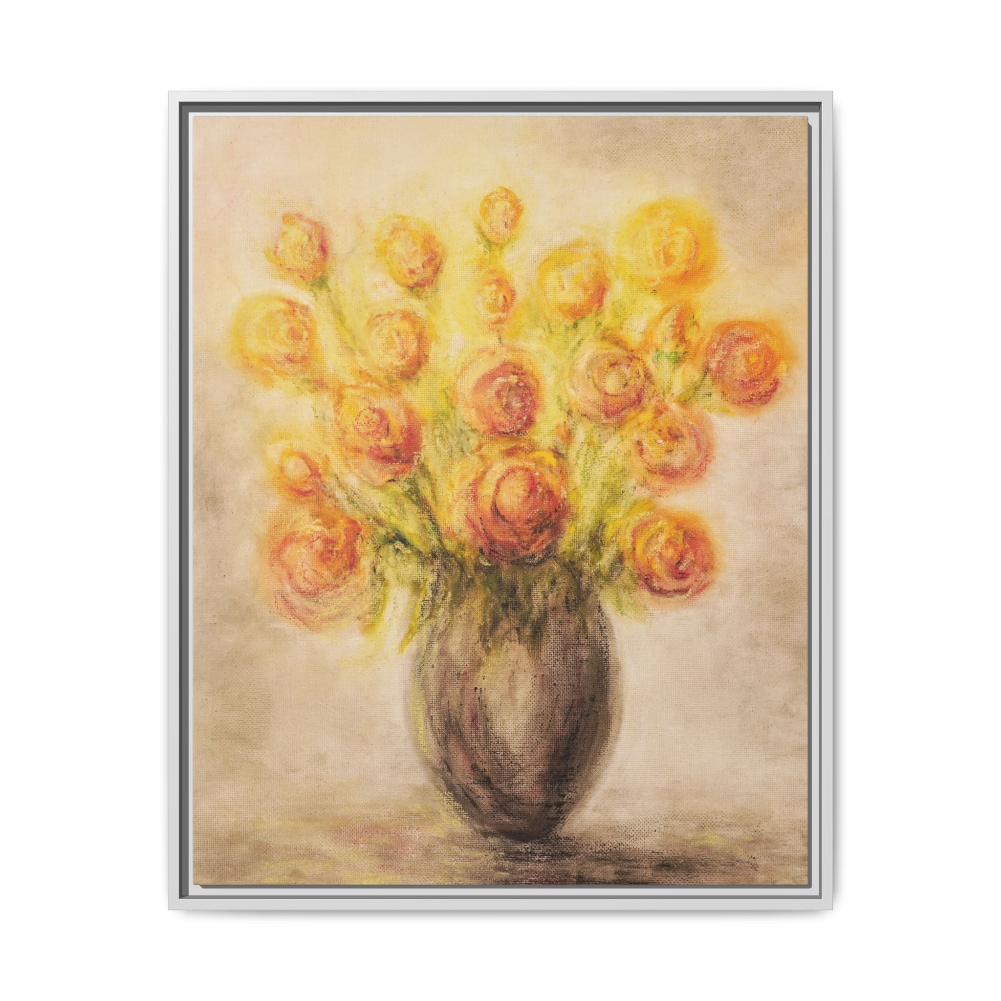 Framed Matte Canvas Floral Bouquet Wall Art — Yellow Rose Vase Print