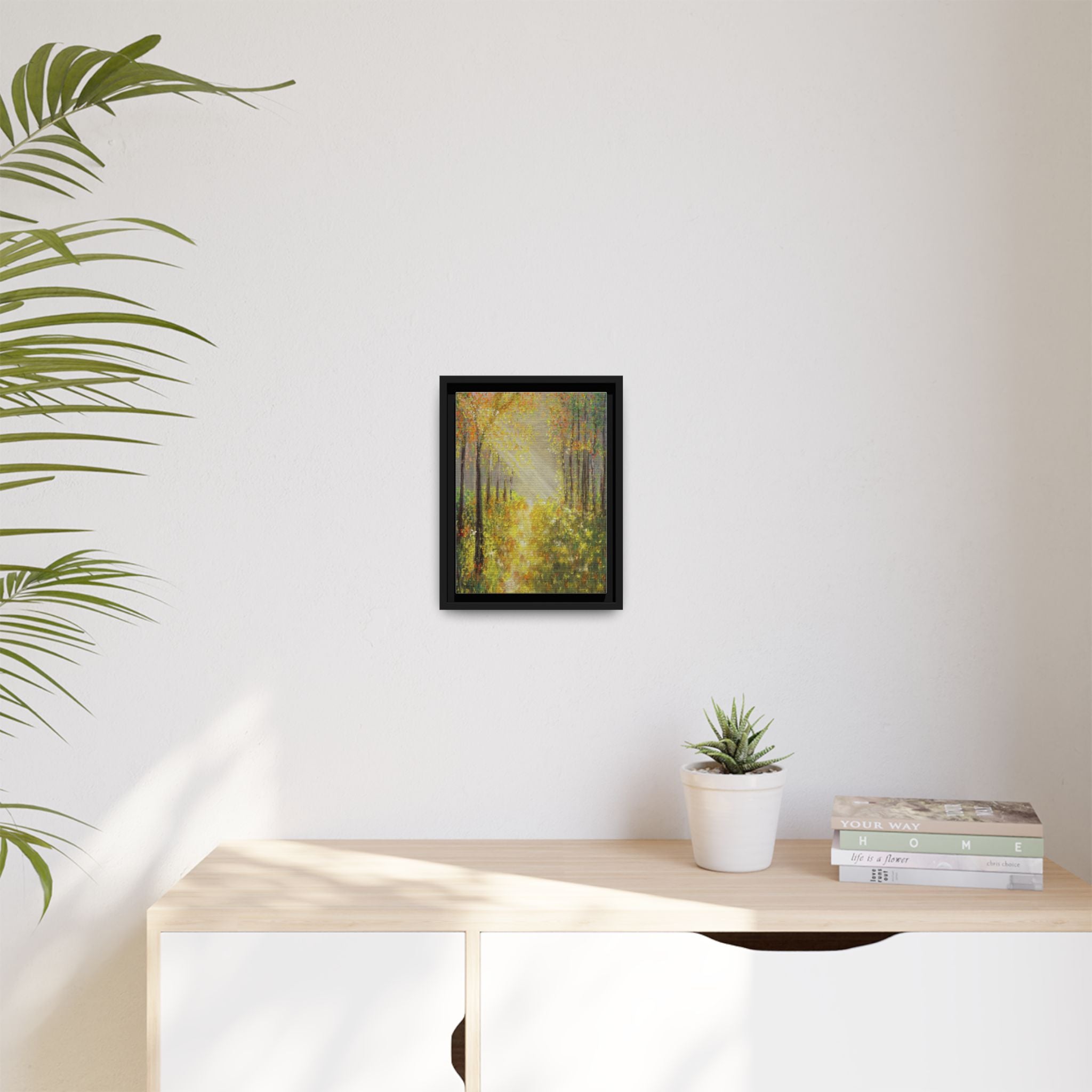 Sunlit Forest Path Framed Canvas Art — Autumn Woodland Wall Decor