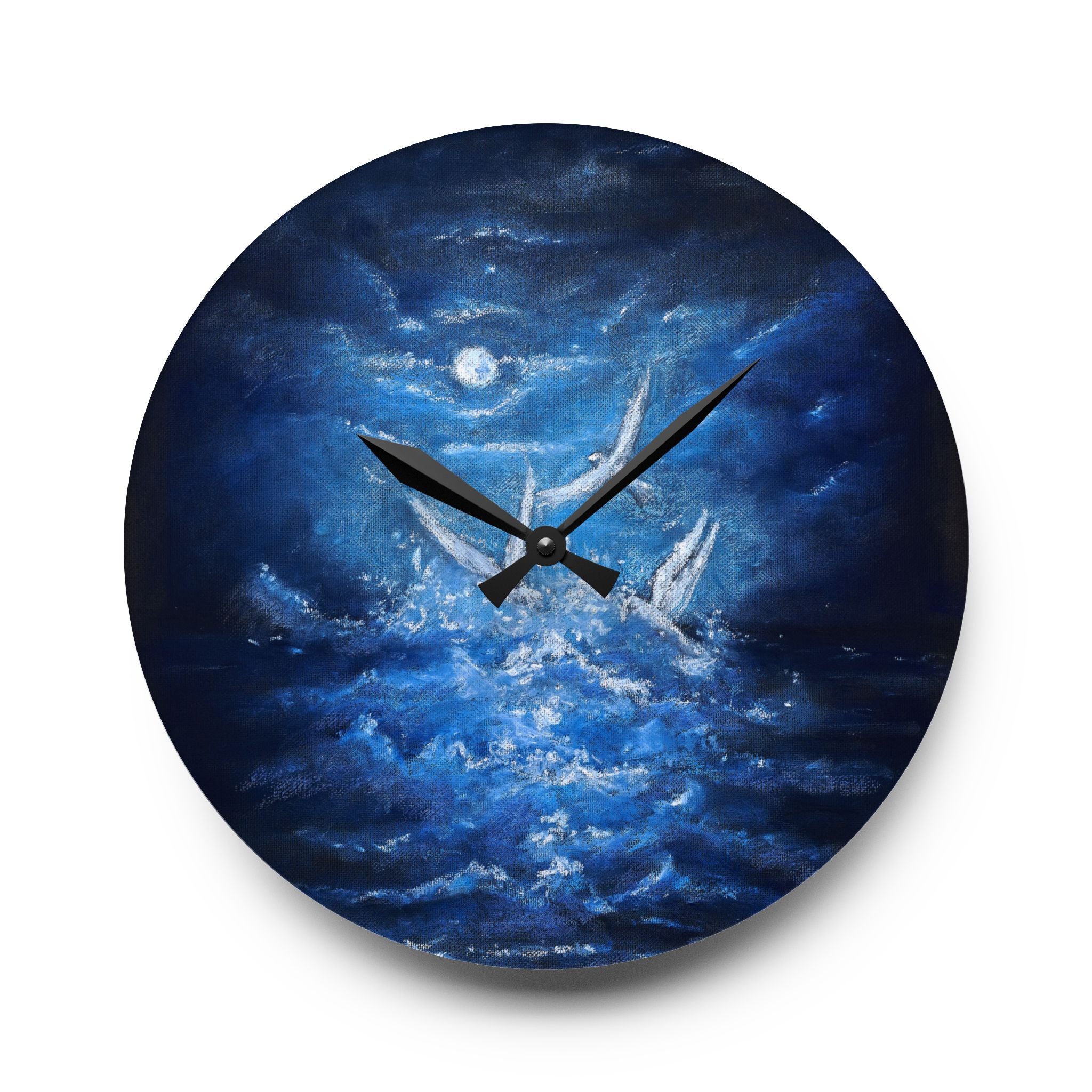 Acrylic Wall Clock — Midnight Ocean White Birds Night Sky Art