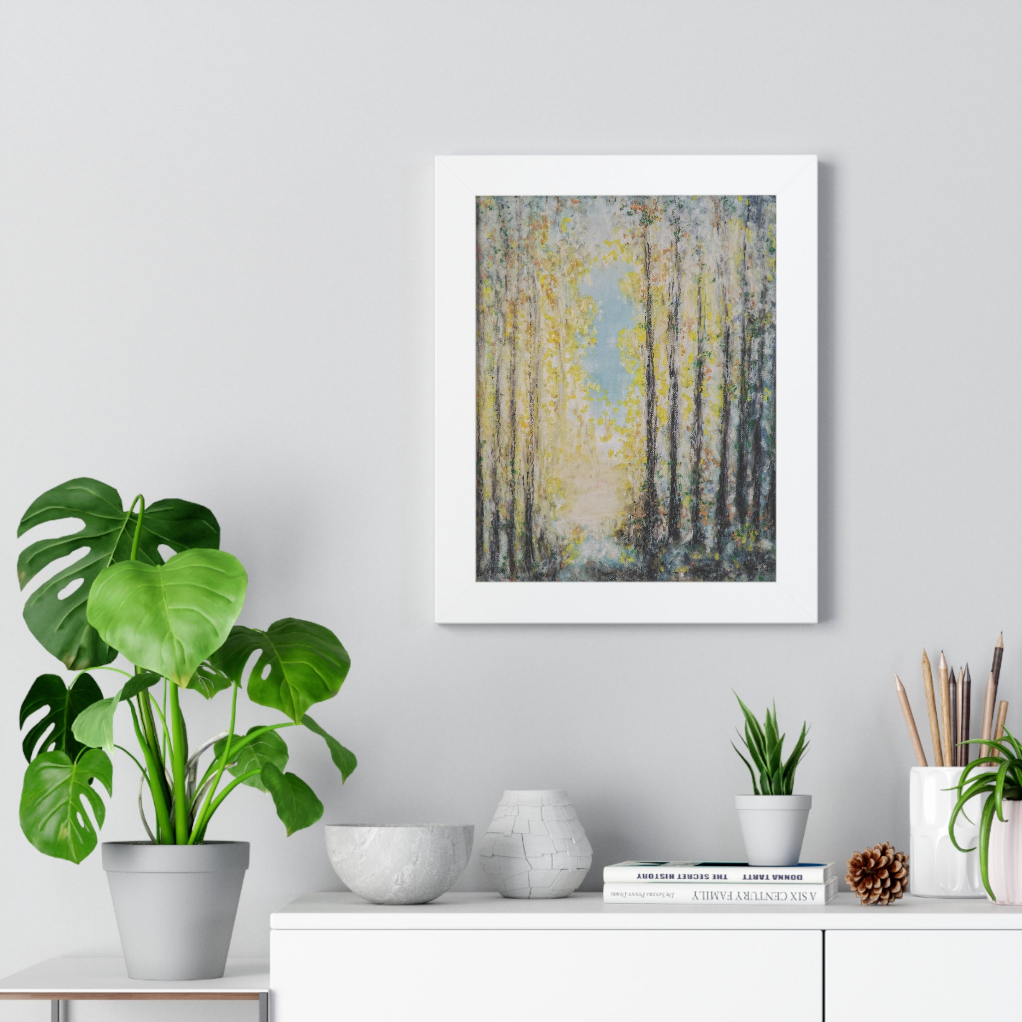 Framed Poster — Serene Sunlit Forest Vertical Art Print