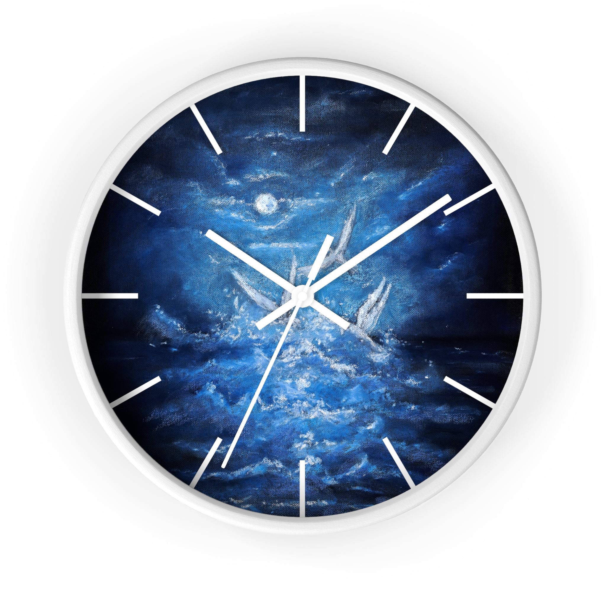 Blue Ocean Birds Wall Clock – Moonlit Sea White Birds Art
