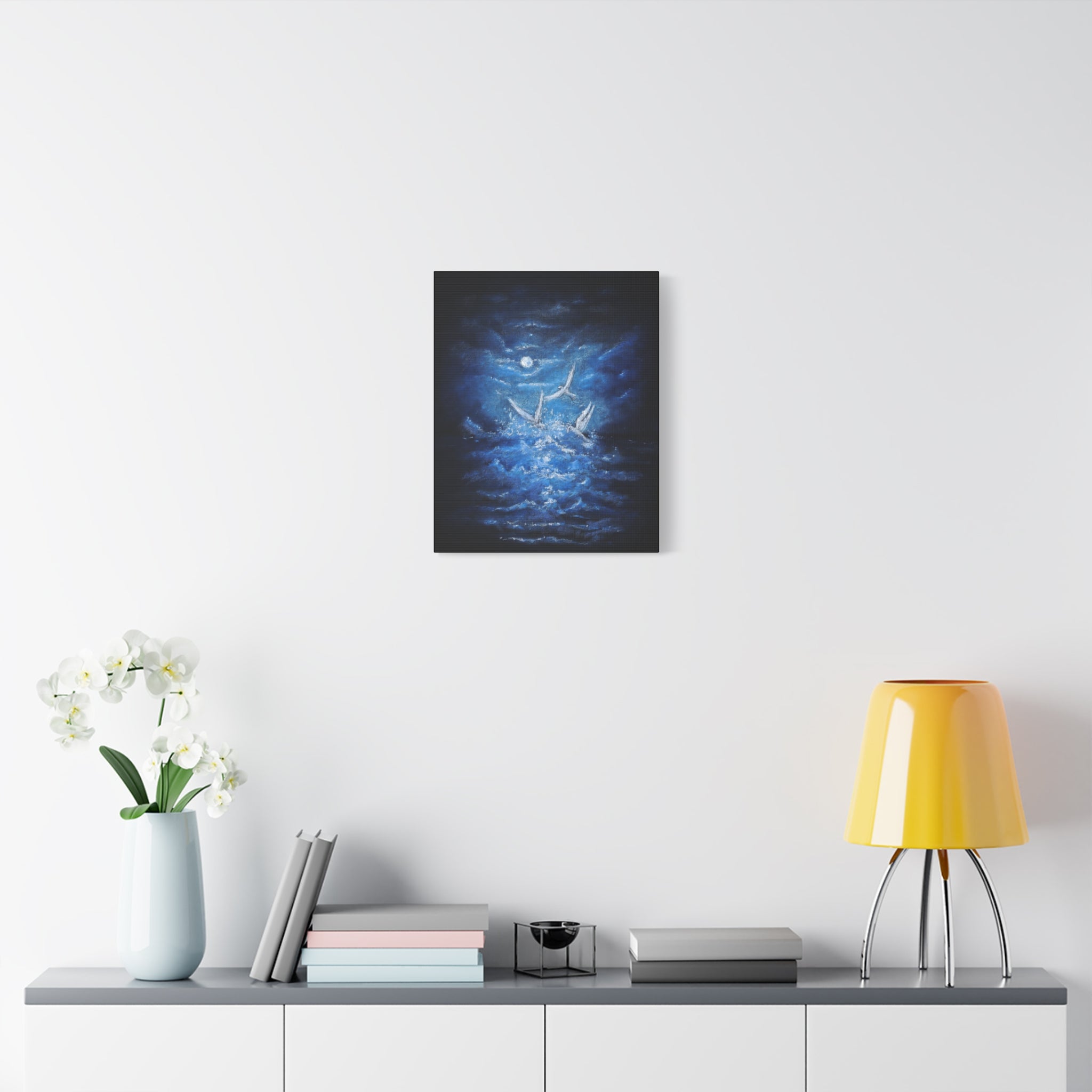 Moonlit White Birds Matte Stretched Canvas – Serene Ocean Wall Art