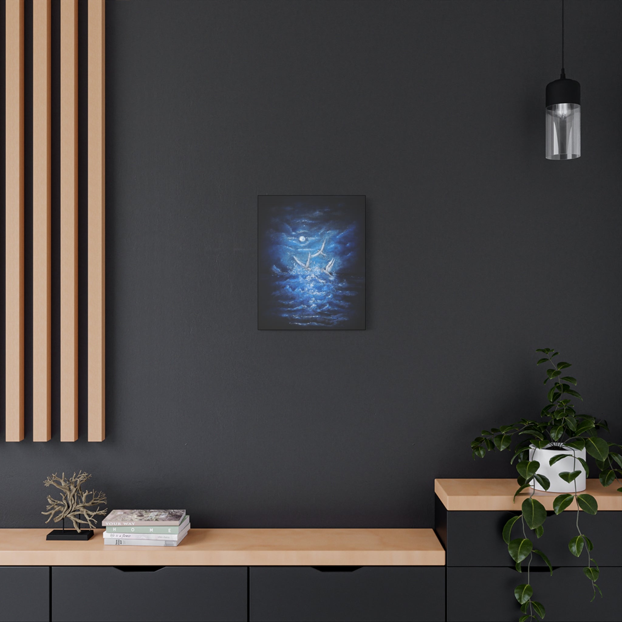 Moonlit White Birds Matte Stretched Canvas – Serene Ocean Wall Art