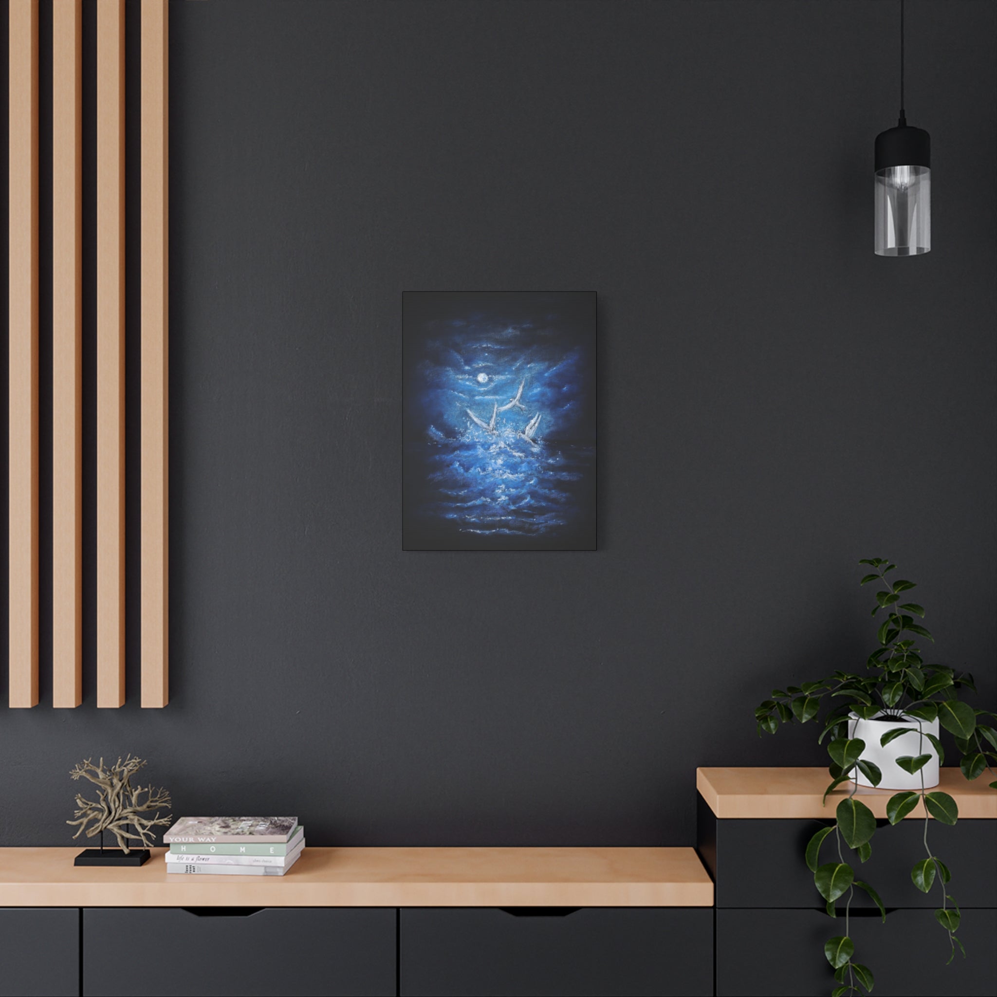 Moonlit White Birds Matte Stretched Canvas – Serene Ocean Wall Art