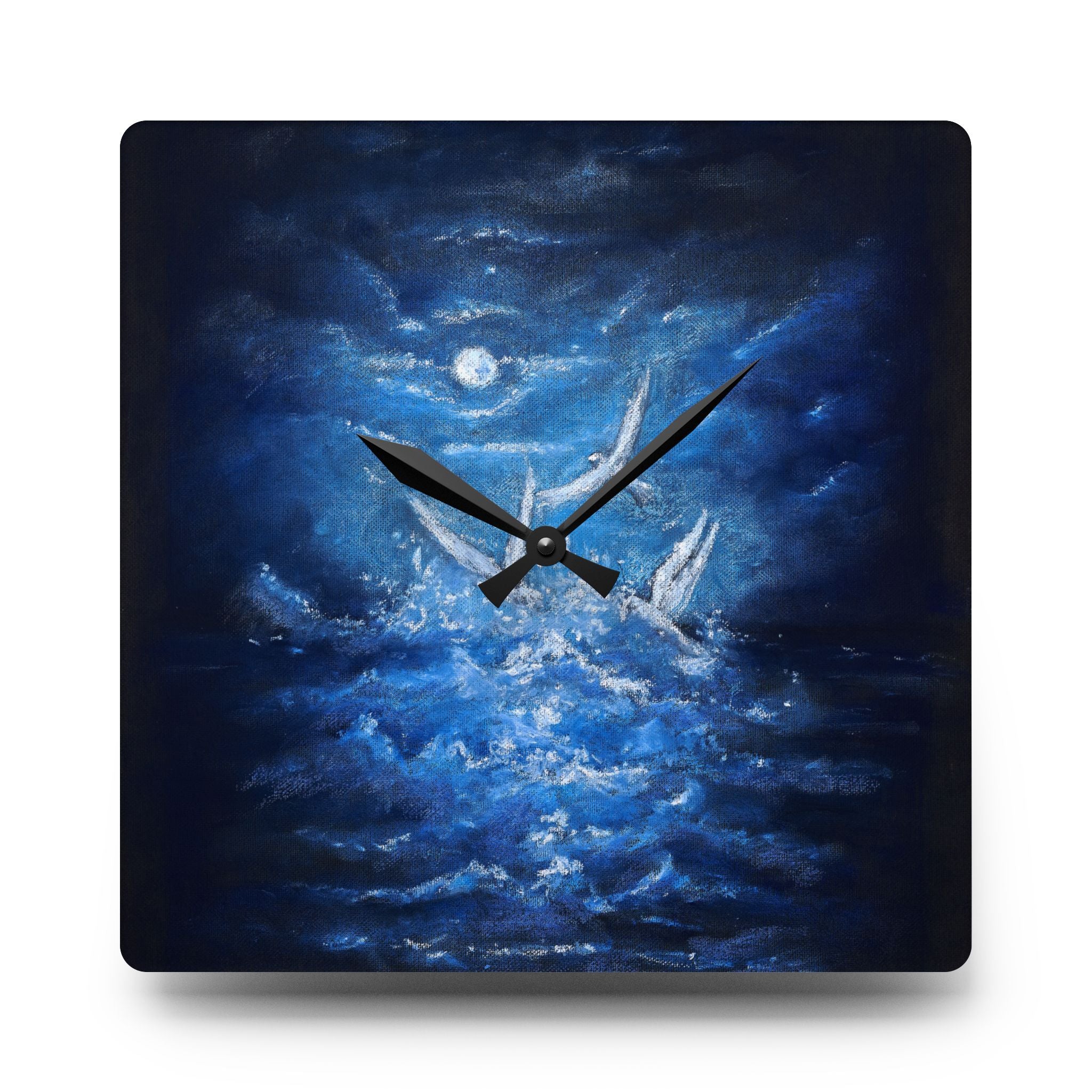 Acrylic Wall Clock — Midnight Ocean White Birds Night Sky Art