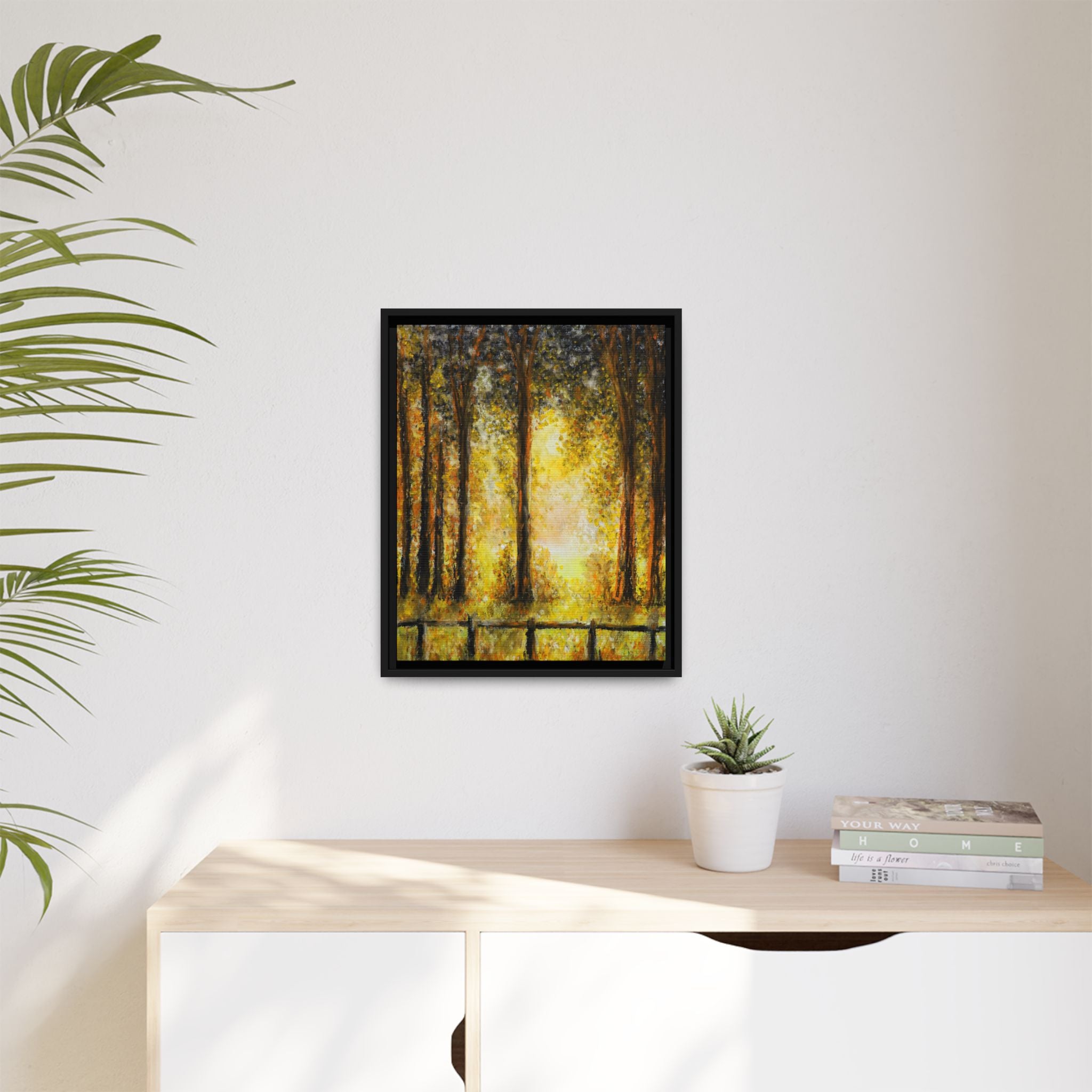 Framed Matte Canvas Art – Golden Forest Sunrise Landscape