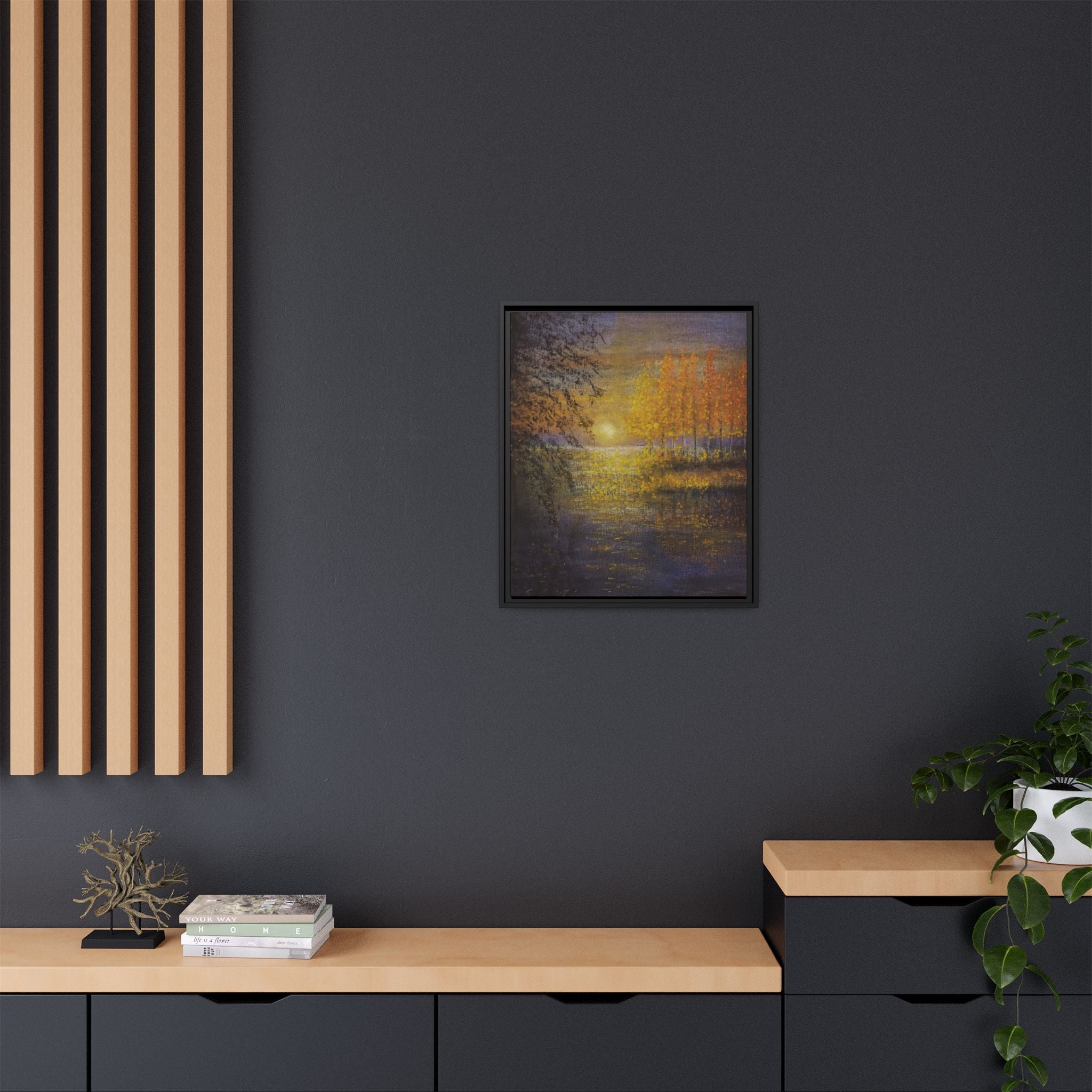 Framed Matte Canvas Painting - Golden Trees Over Tranquil Lake
