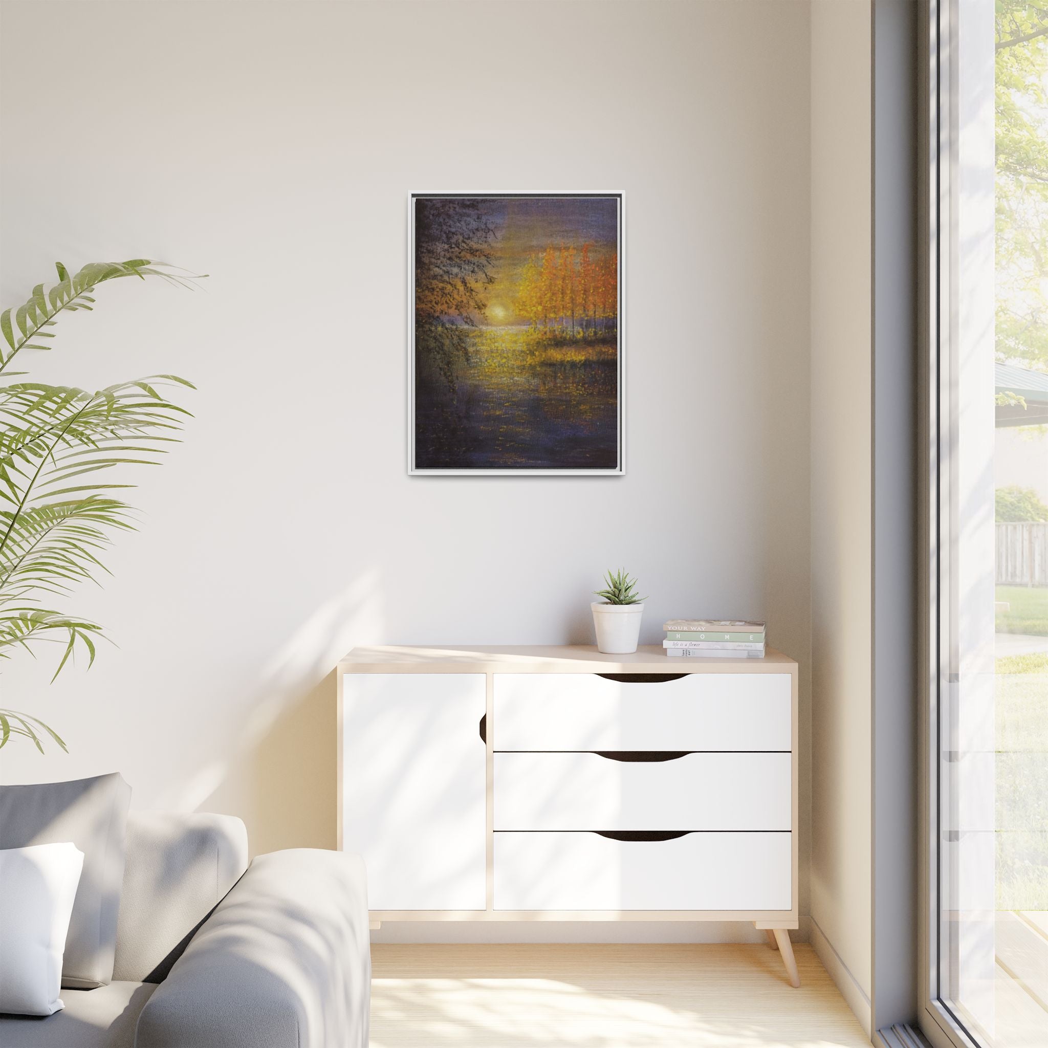 Framed Matte Canvas Painting - Golden Trees Over Tranquil Lake