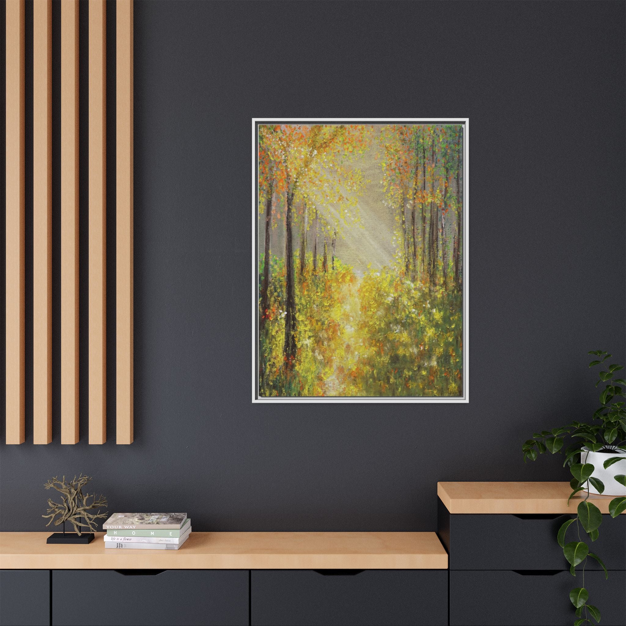 Sunlit Forest Path Framed Canvas Art — Autumn Woodland Wall Decor