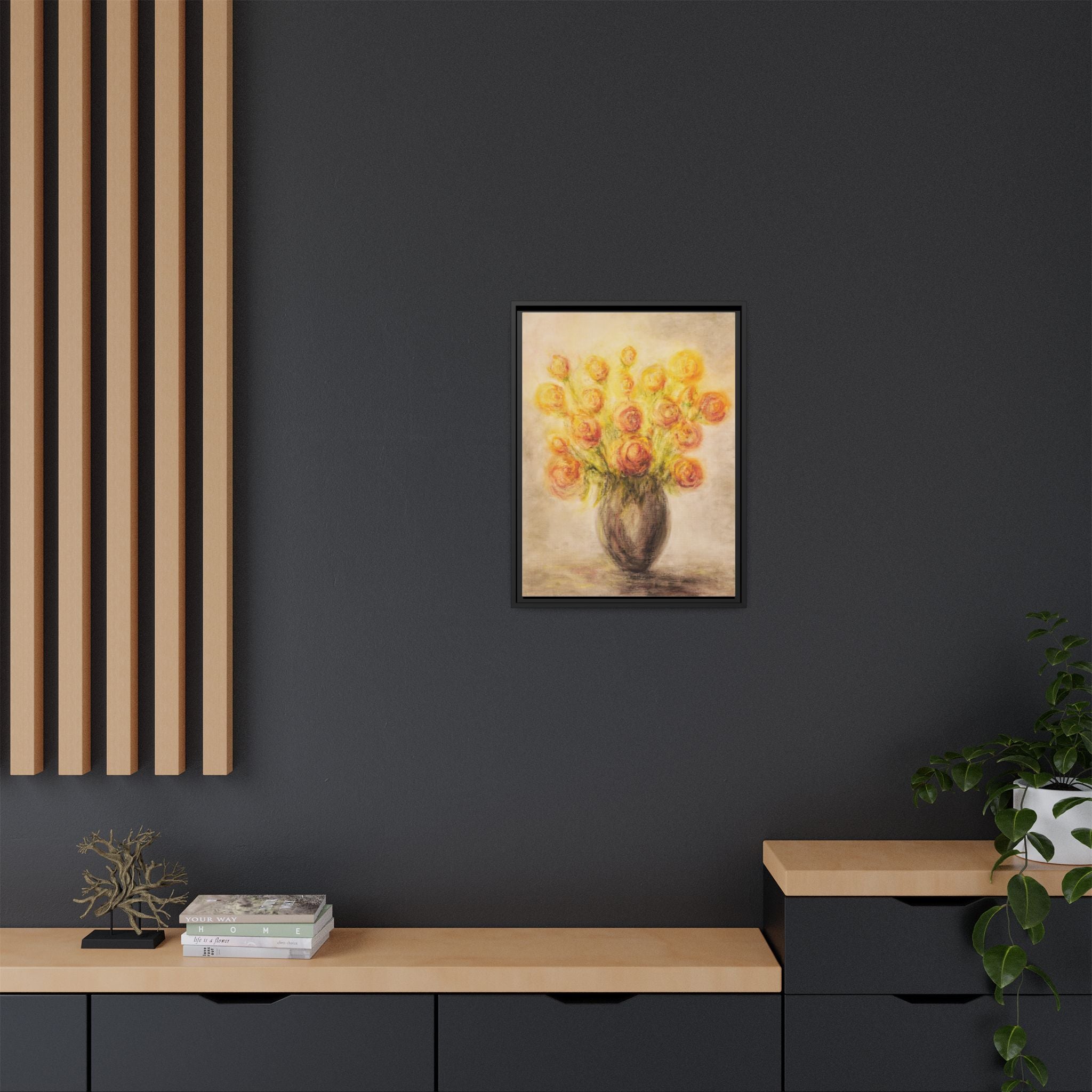 Framed Matte Canvas Floral Bouquet Wall Art — Yellow Rose Vase Print