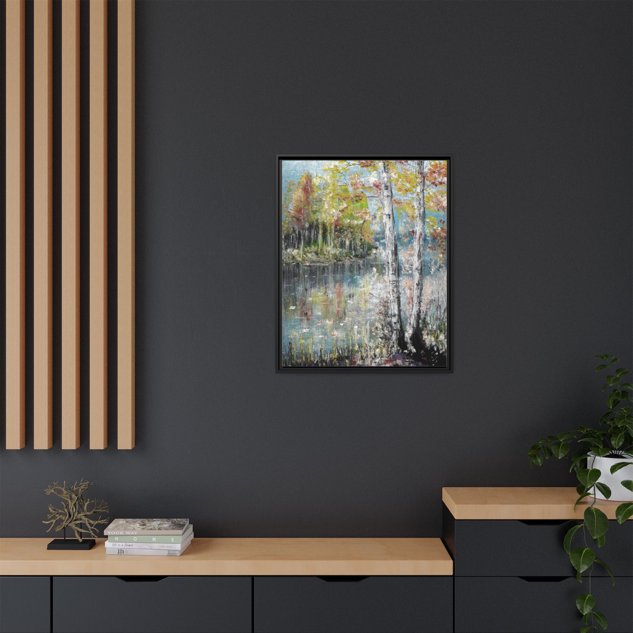 Framed Matte Canvas-Trees by the Lake