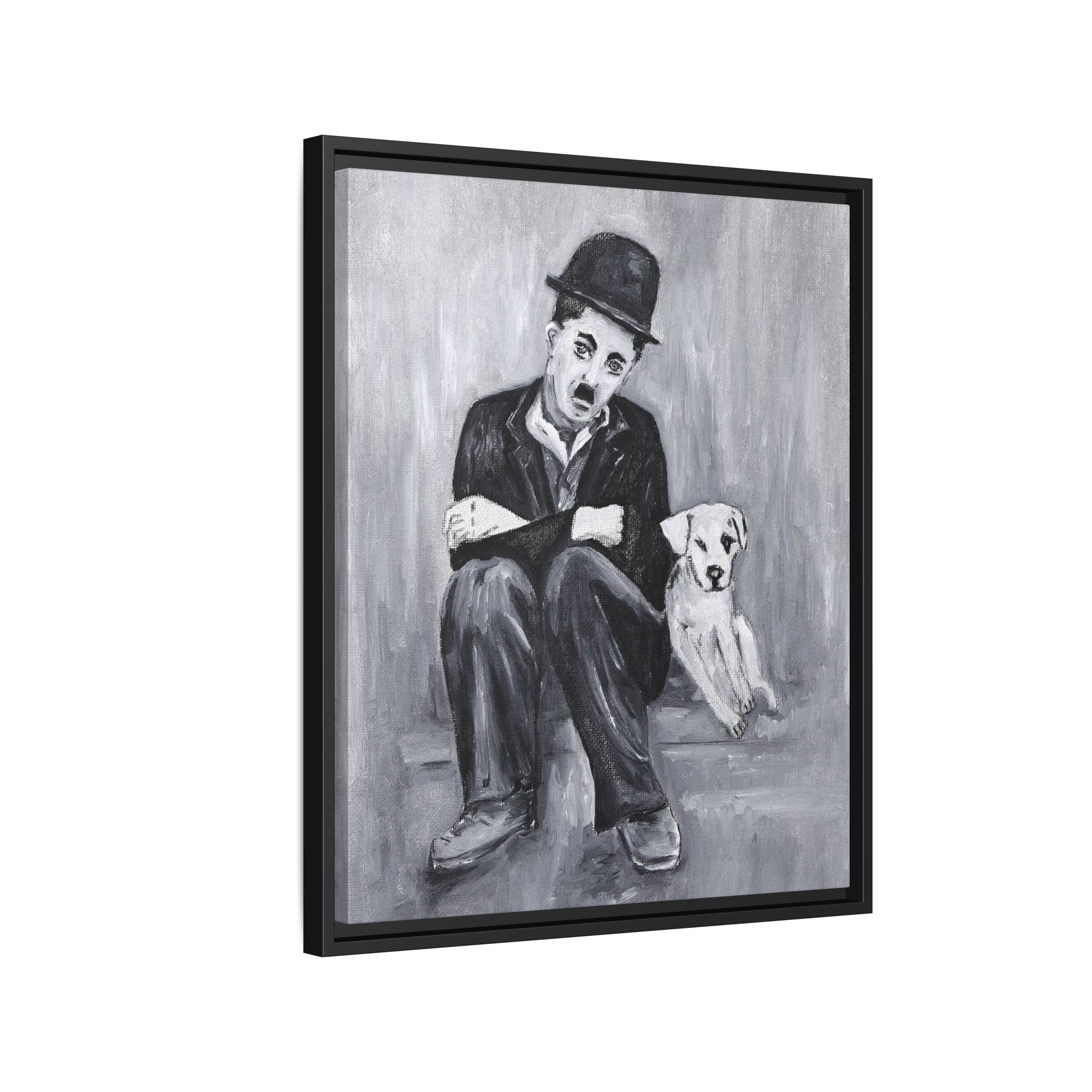 Charlie Chaplin & Dog Matte Framed Canvas Print — Vintage Black & White Wall Art