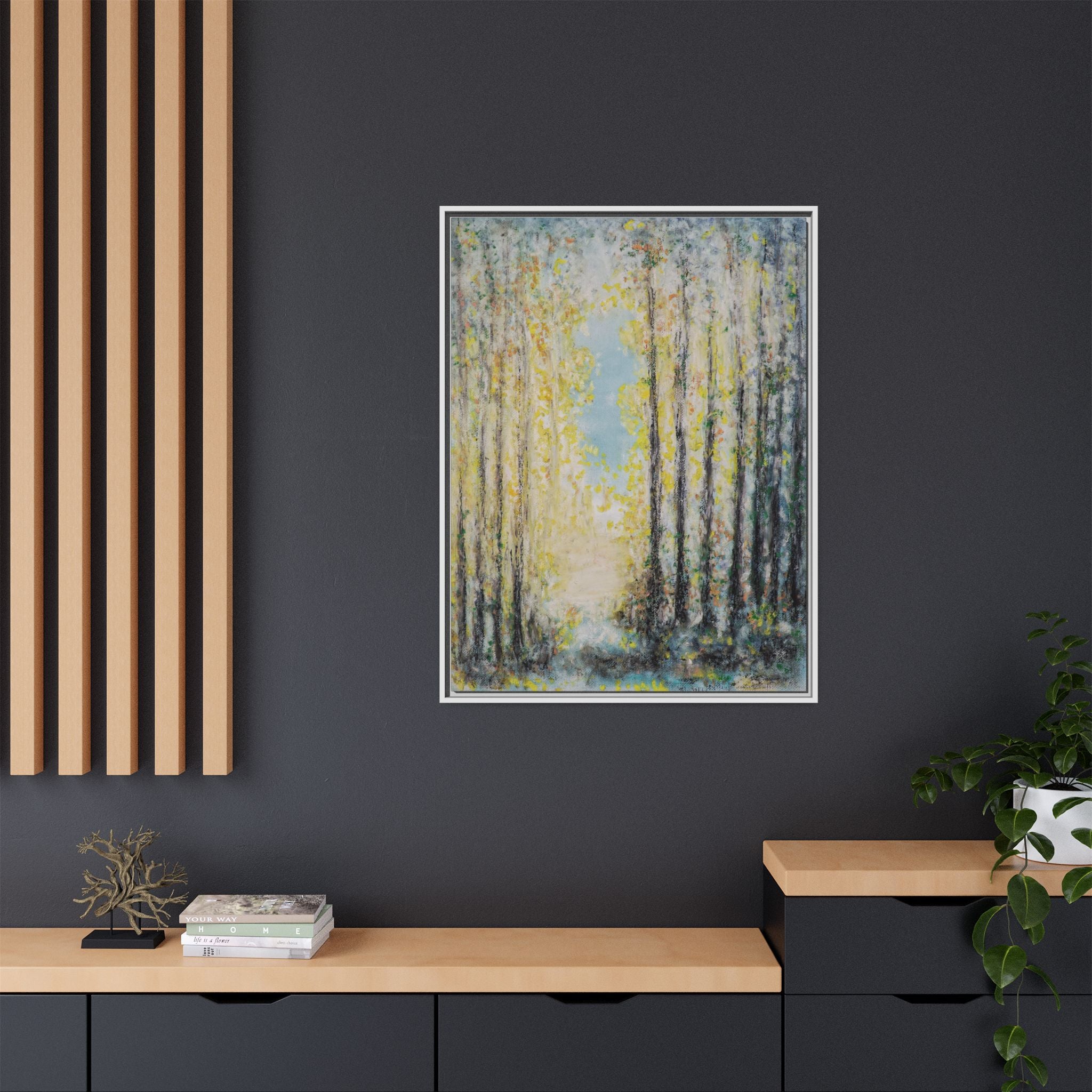 Framed Matte Canvas Print — Sunlit Forest Path Wall Art
