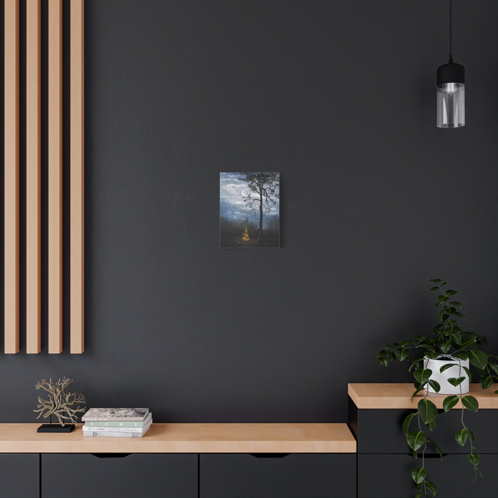 Moonlit Campfire Matte Canvas Wall Art — Night Forest Landscape