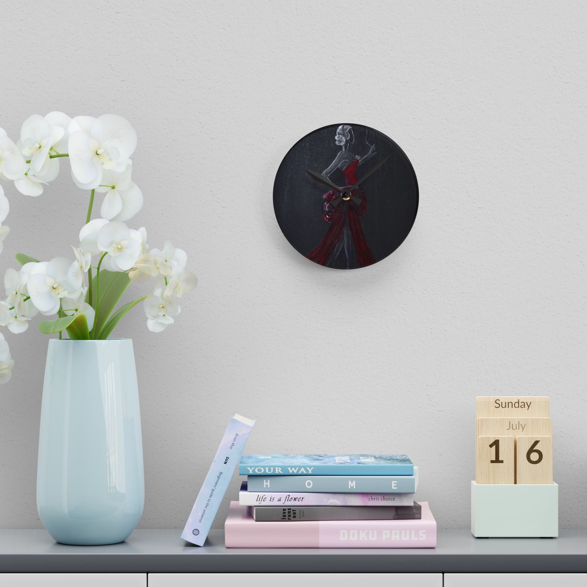 Acrylic Wall Clock — Elegant Woman in Red Dress Art