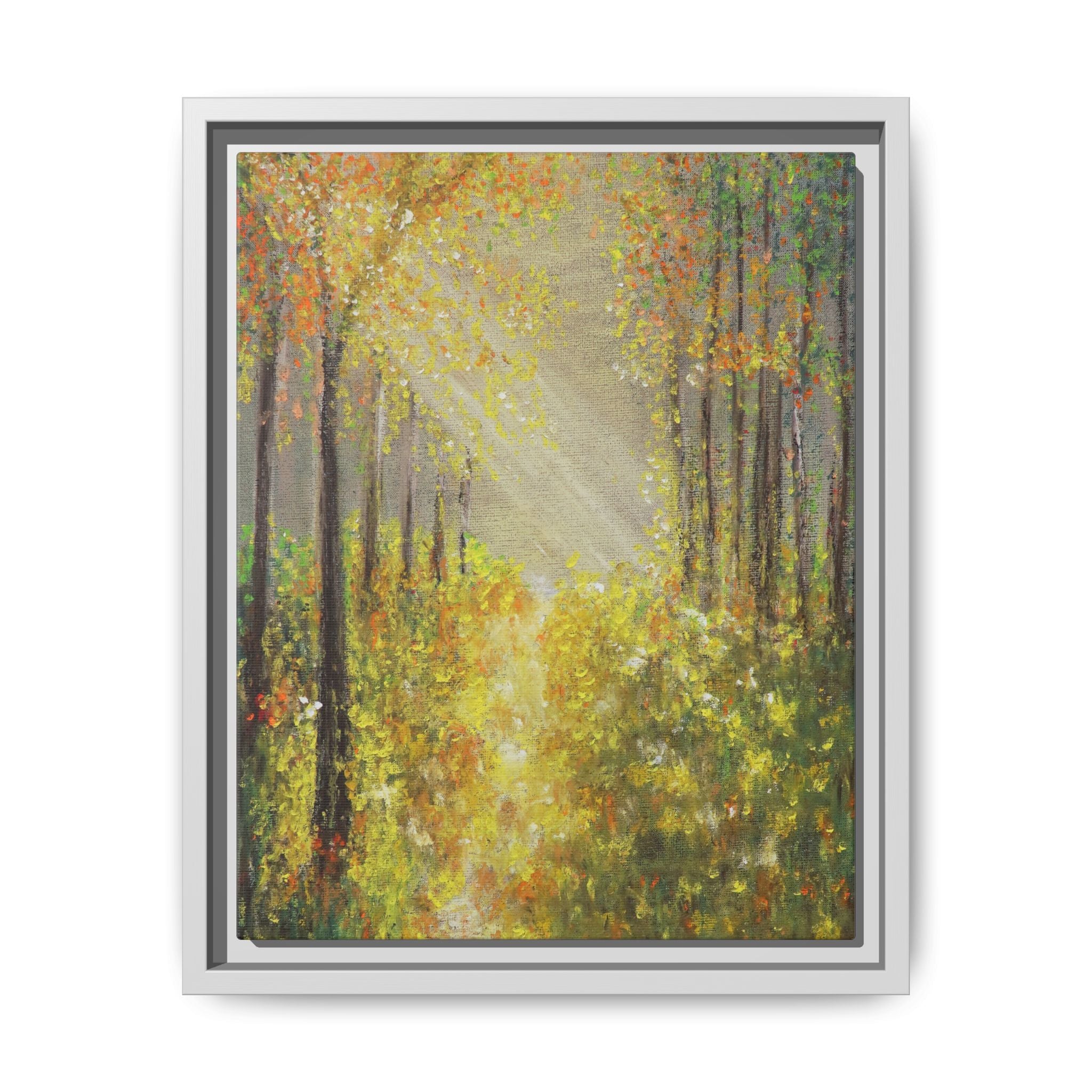 Sunlit Forest Path Framed Canvas Art — Autumn Woodland Wall Decor