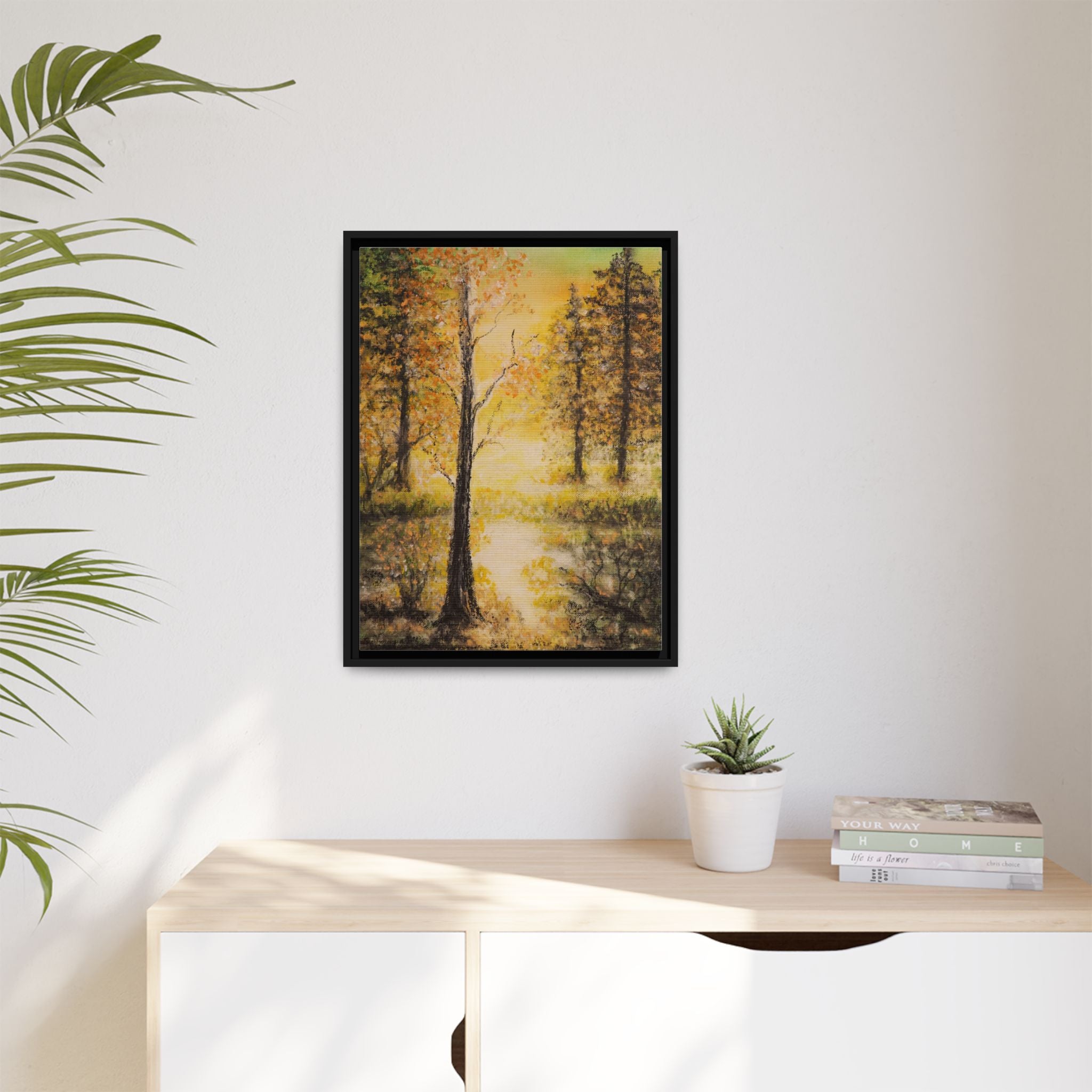 Framed Autumn Forest Canvas Print — Golden Lakeside Wall Art