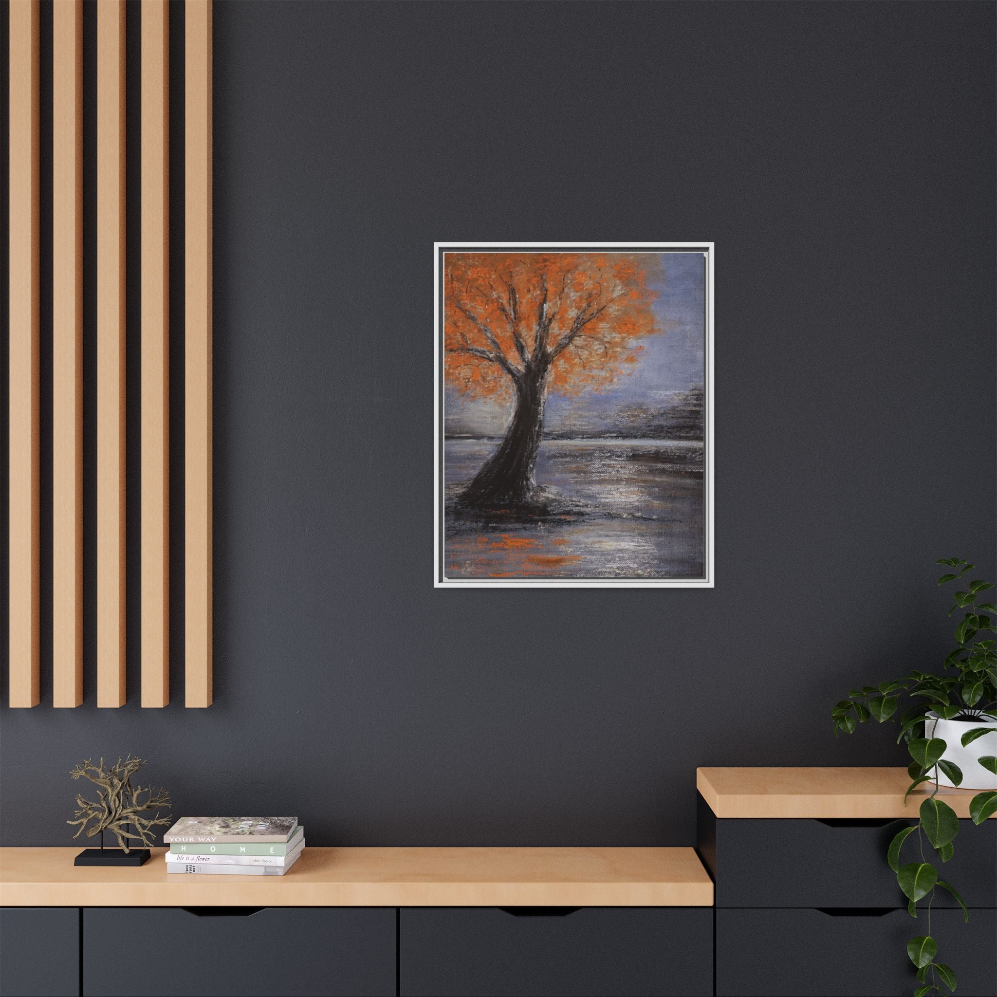 Framed Autumn Tree Canvas Print — Orange Tree Landscape Wall Art