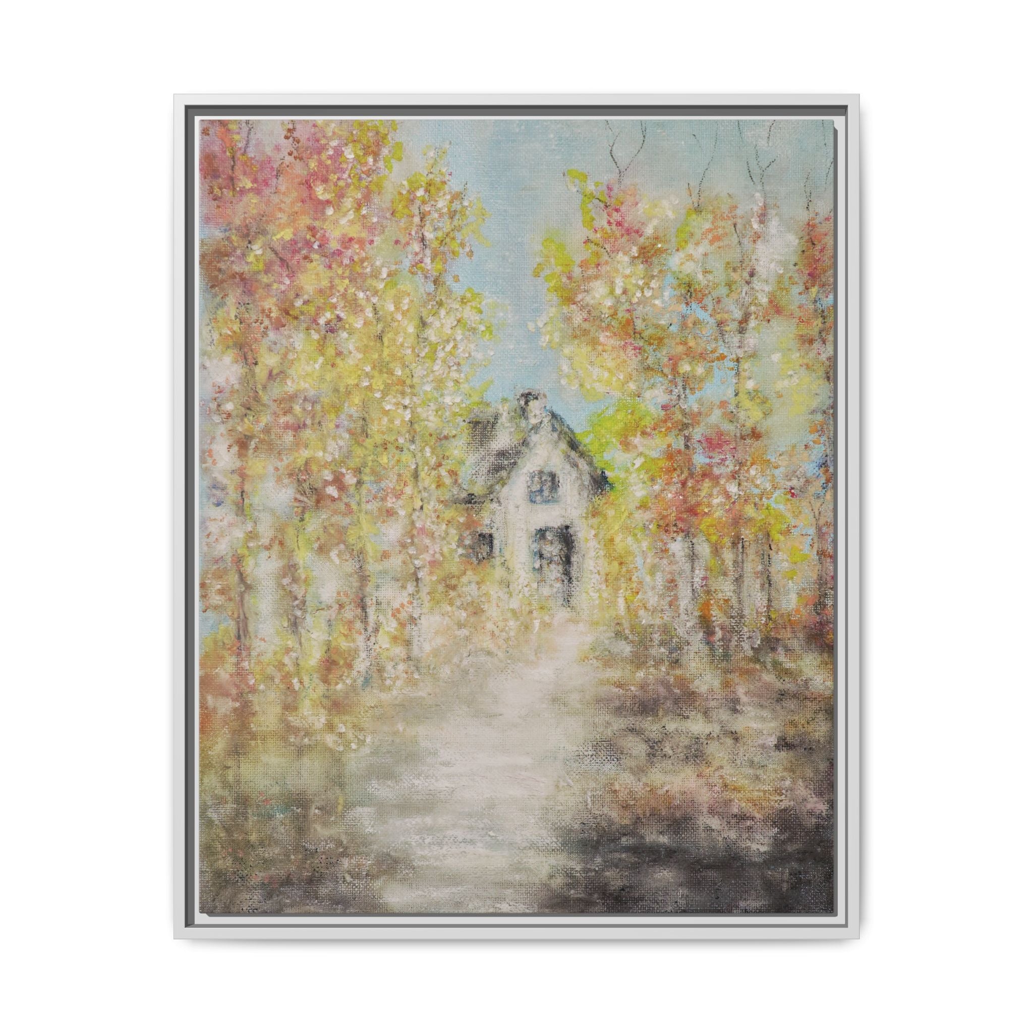 Framed Autumn Cottage Canvas Print — Rustic Fall Landscape Wall Art