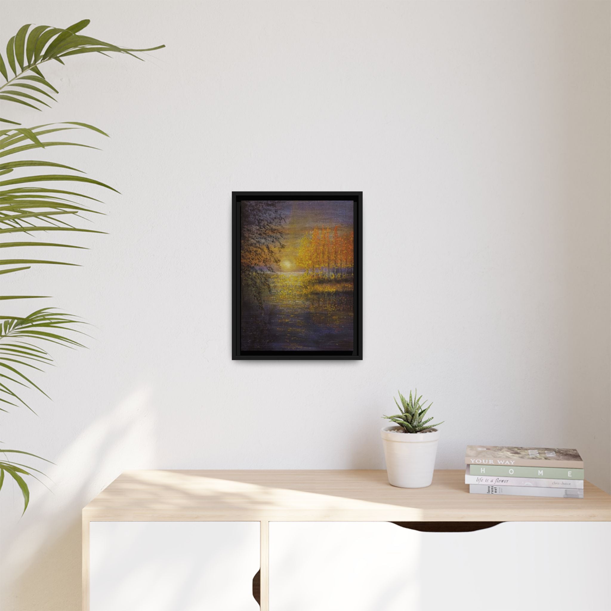 Framed Matte Canvas Painting - Golden Trees Over Tranquil Lake