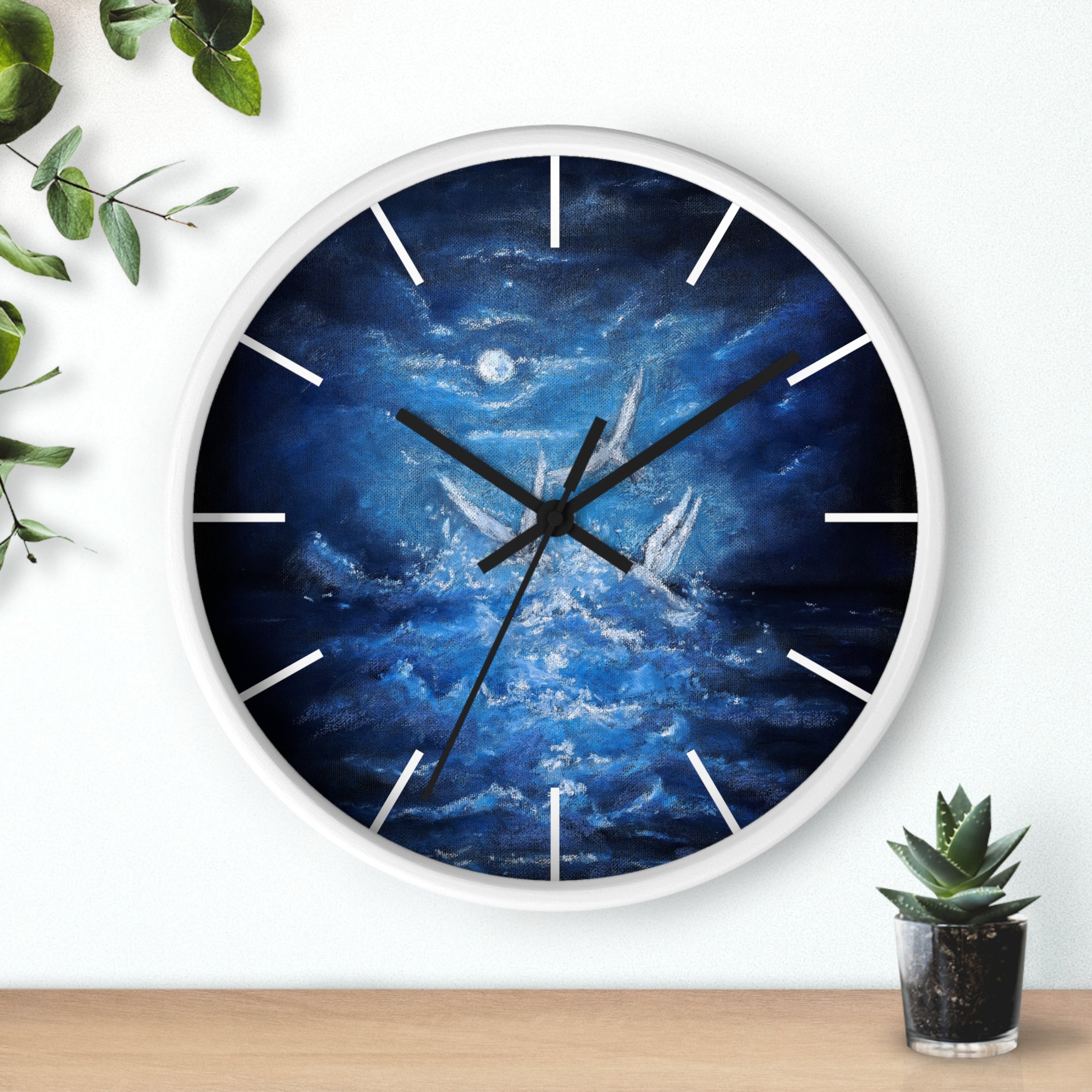 Blue Ocean Birds Wall Clock – Moonlit Sea White Birds Art