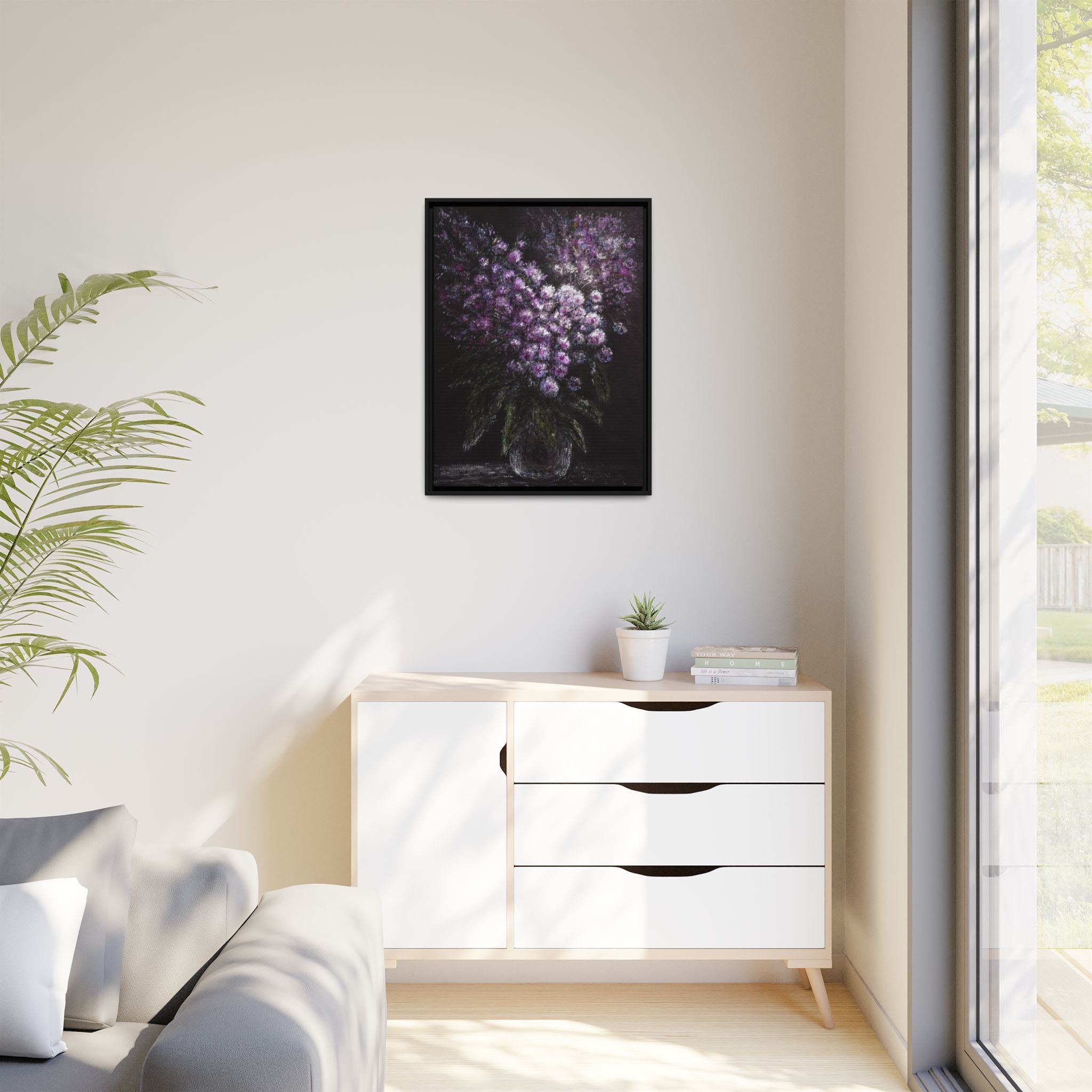 Framed Matte Canvas: Moody Purple Floral Bouquet Wall Art