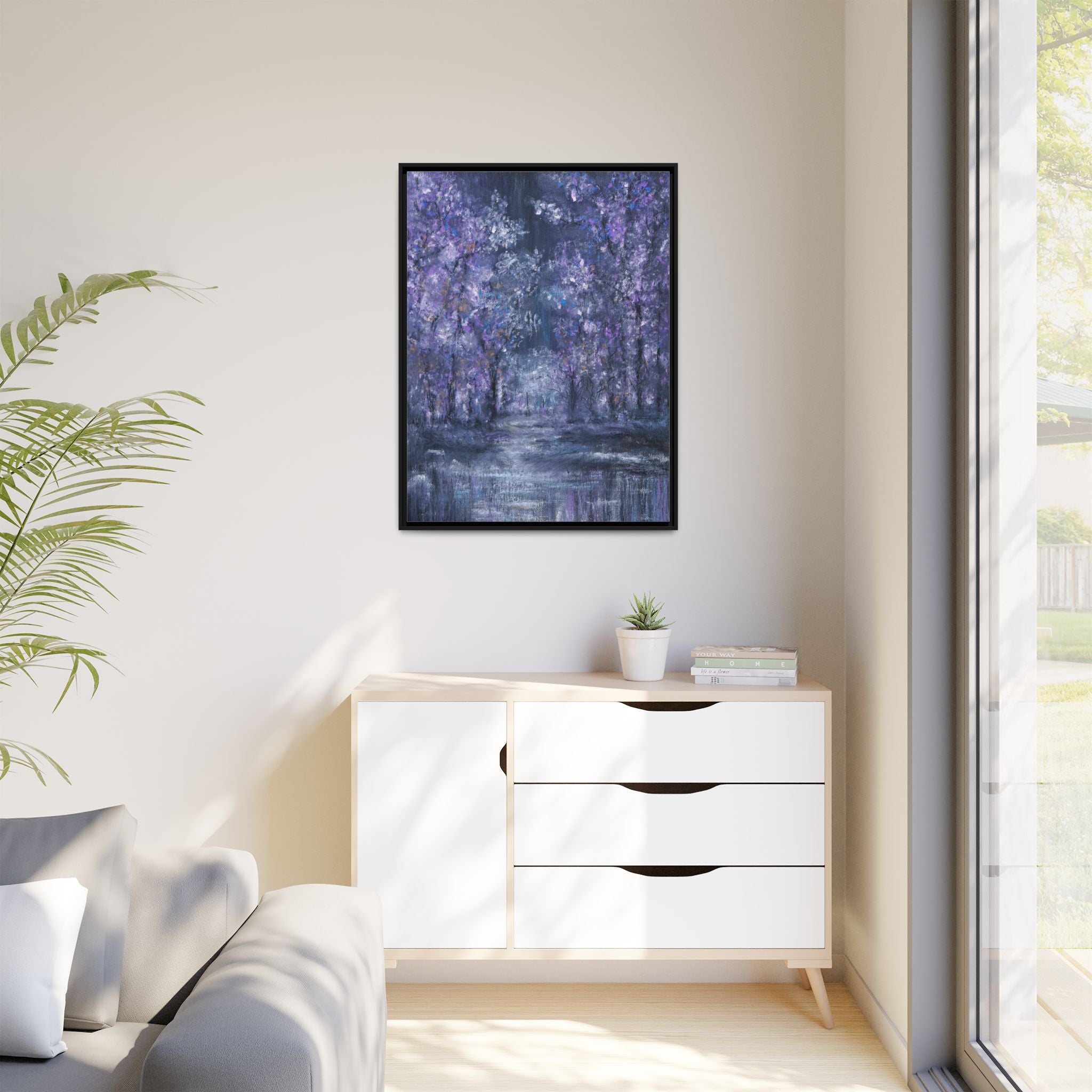 Framed Matte Canvas Art – Lavender Forest Moonlit Landscape