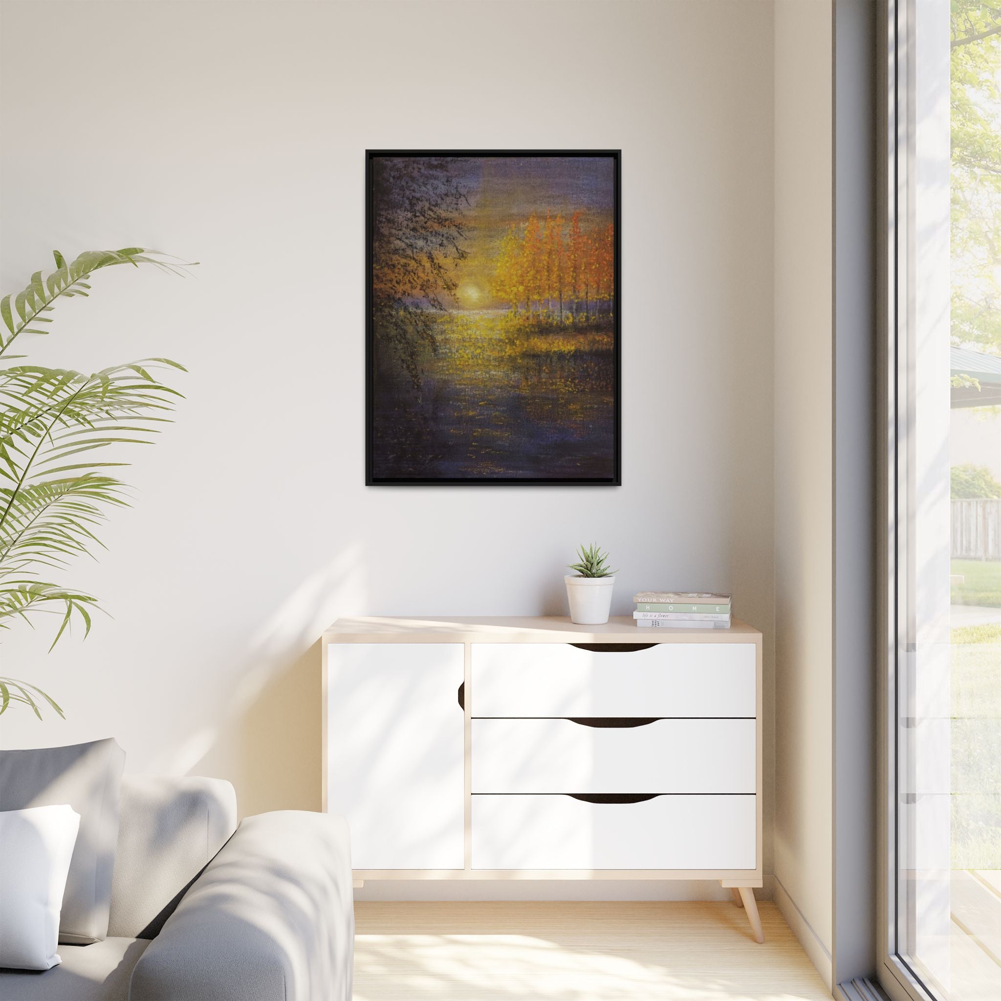 Framed Matte Canvas Painting - Golden Trees Over Tranquil Lake