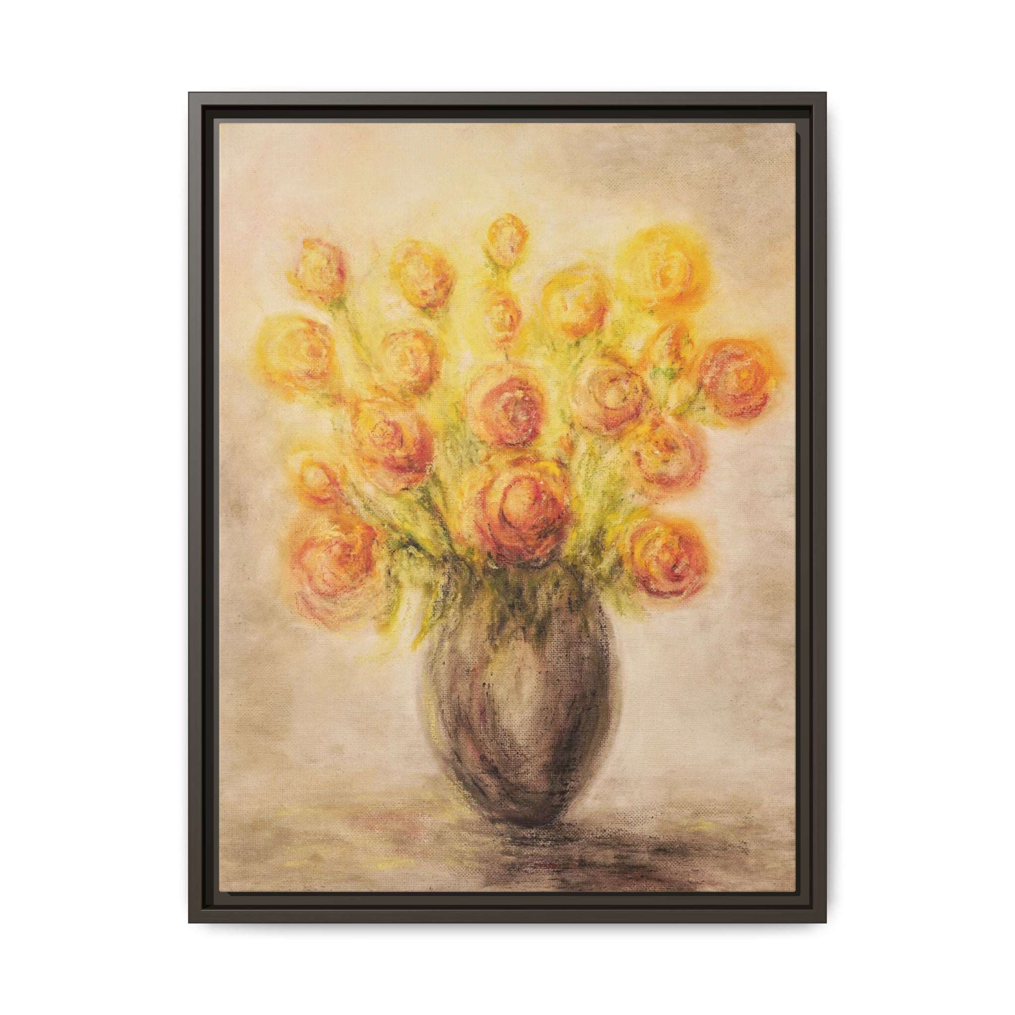 Framed Matte Canvas Floral Bouquet Wall Art — Yellow Rose Vase Print