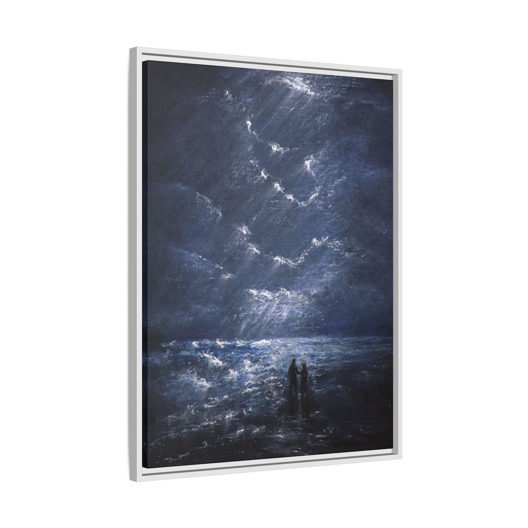 Couple on Shore at Night - Framed Canvas Art