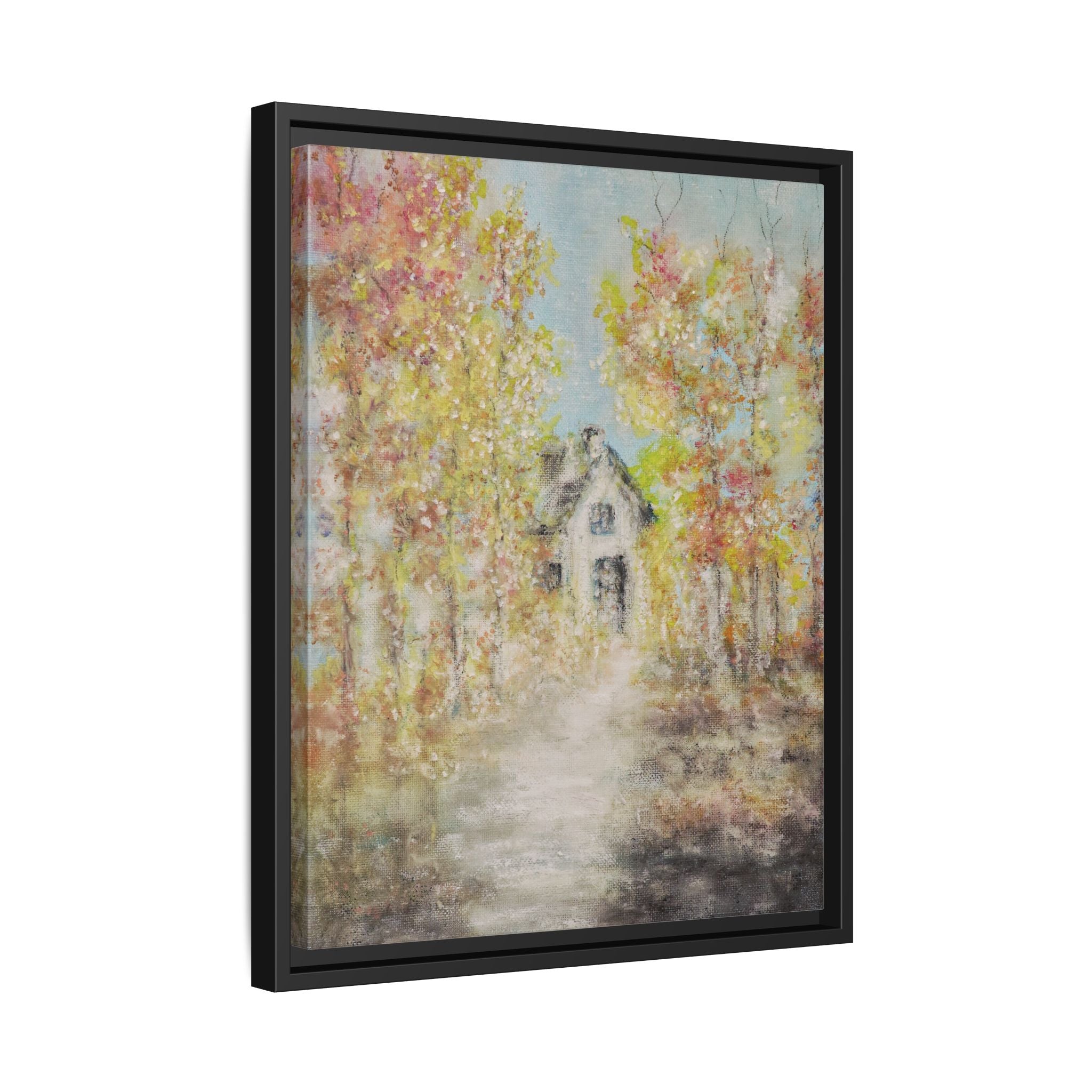Framed Autumn Cottage Canvas Print — Rustic Fall Landscape Wall Art
