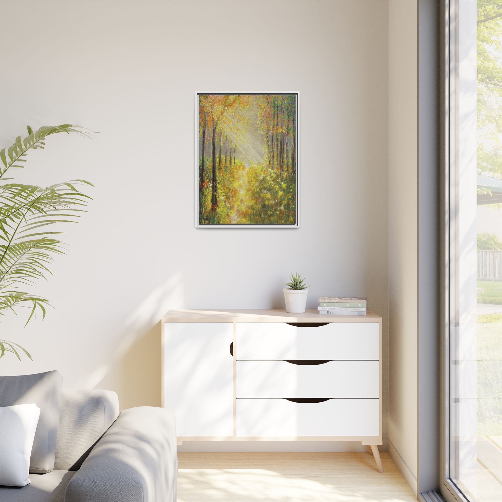 Sunlit Forest Path Framed Canvas Art — Autumn Woodland Wall Decor