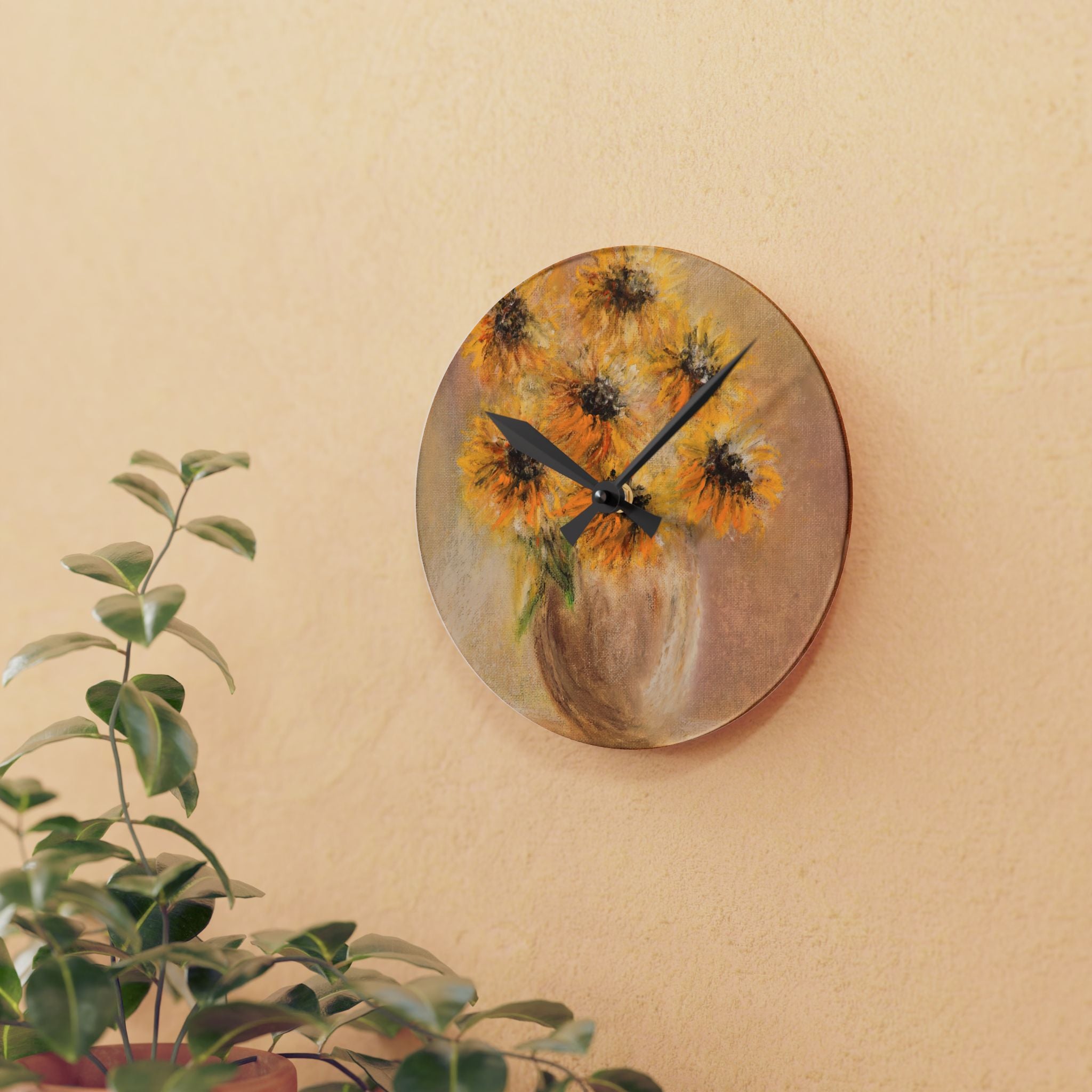 Acrylic Wall Clock — Sunflower Vase Art Clock, Rustic Floral Home Decor