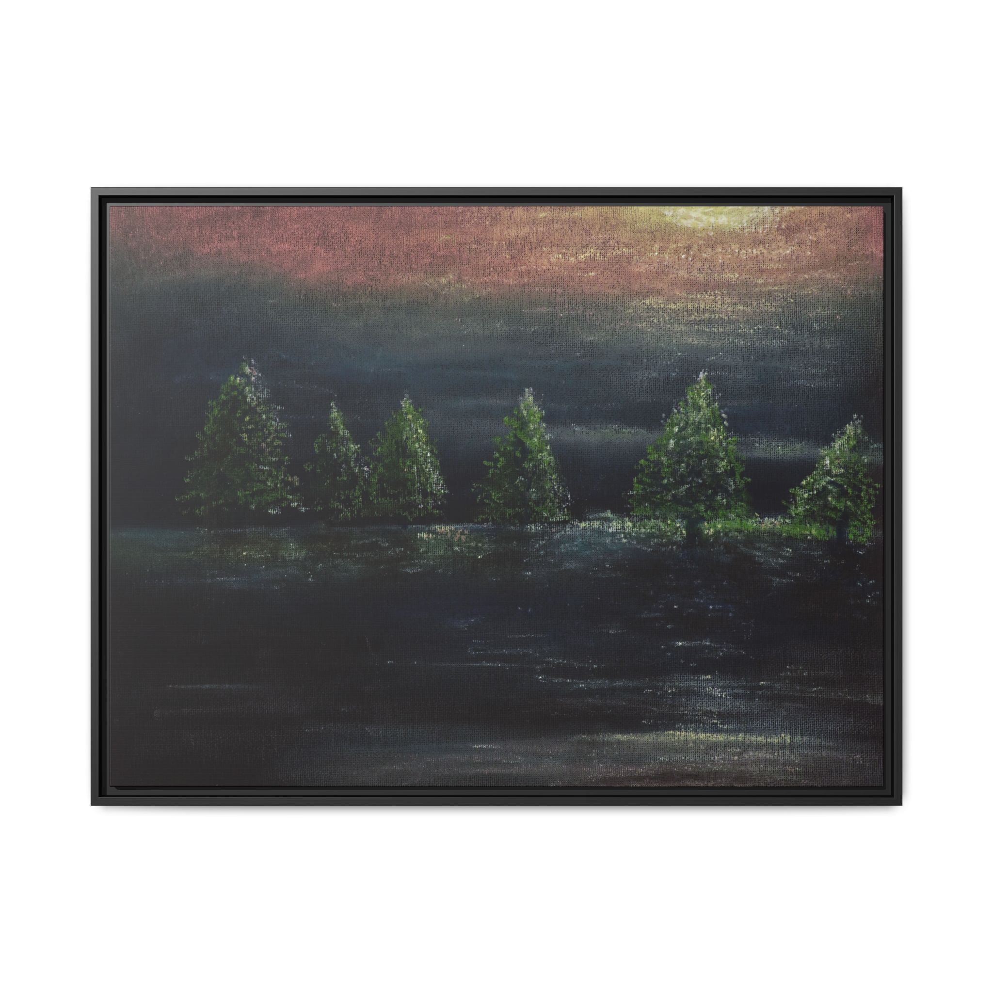 Framed Matte Canvas Wall Art — Moonlit Pine Trees Landscape