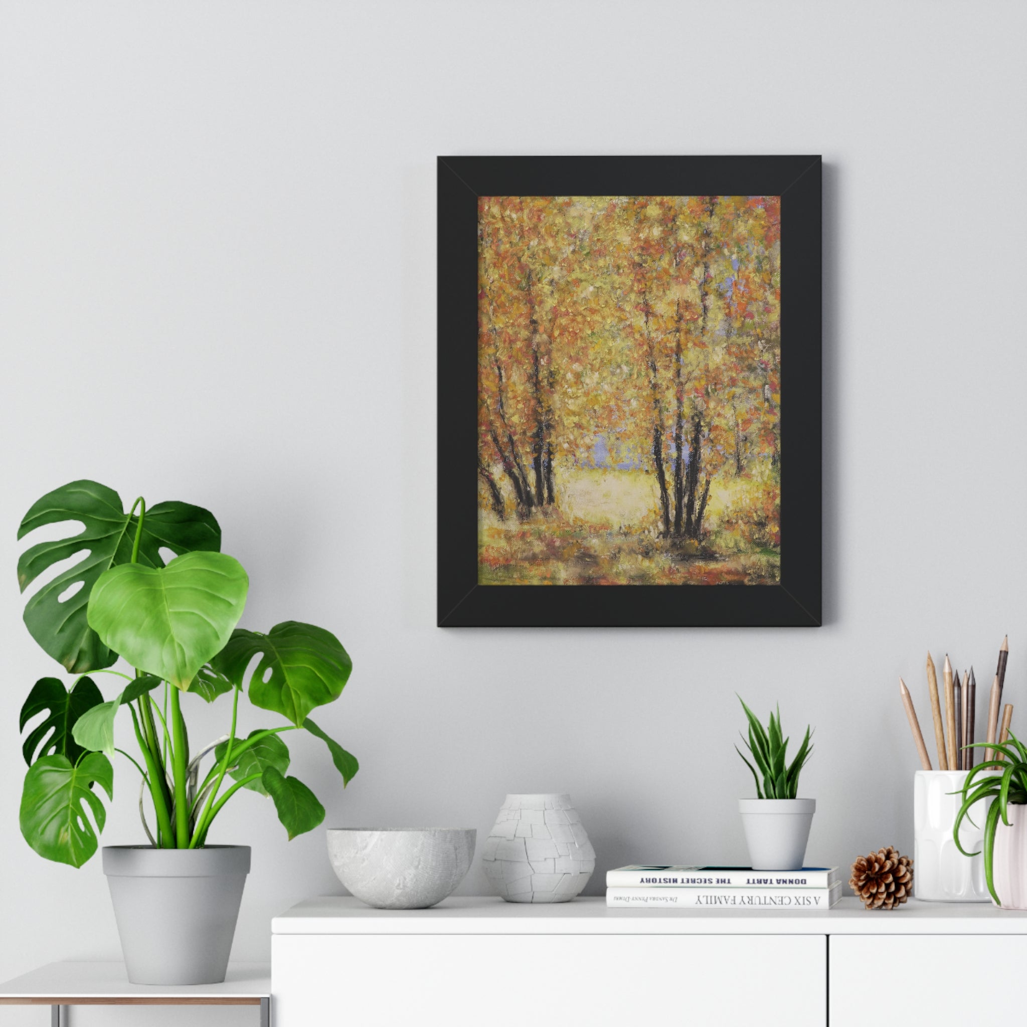 Autumn Grove Framed Poster — Vertical Fall Landscape Wall Art