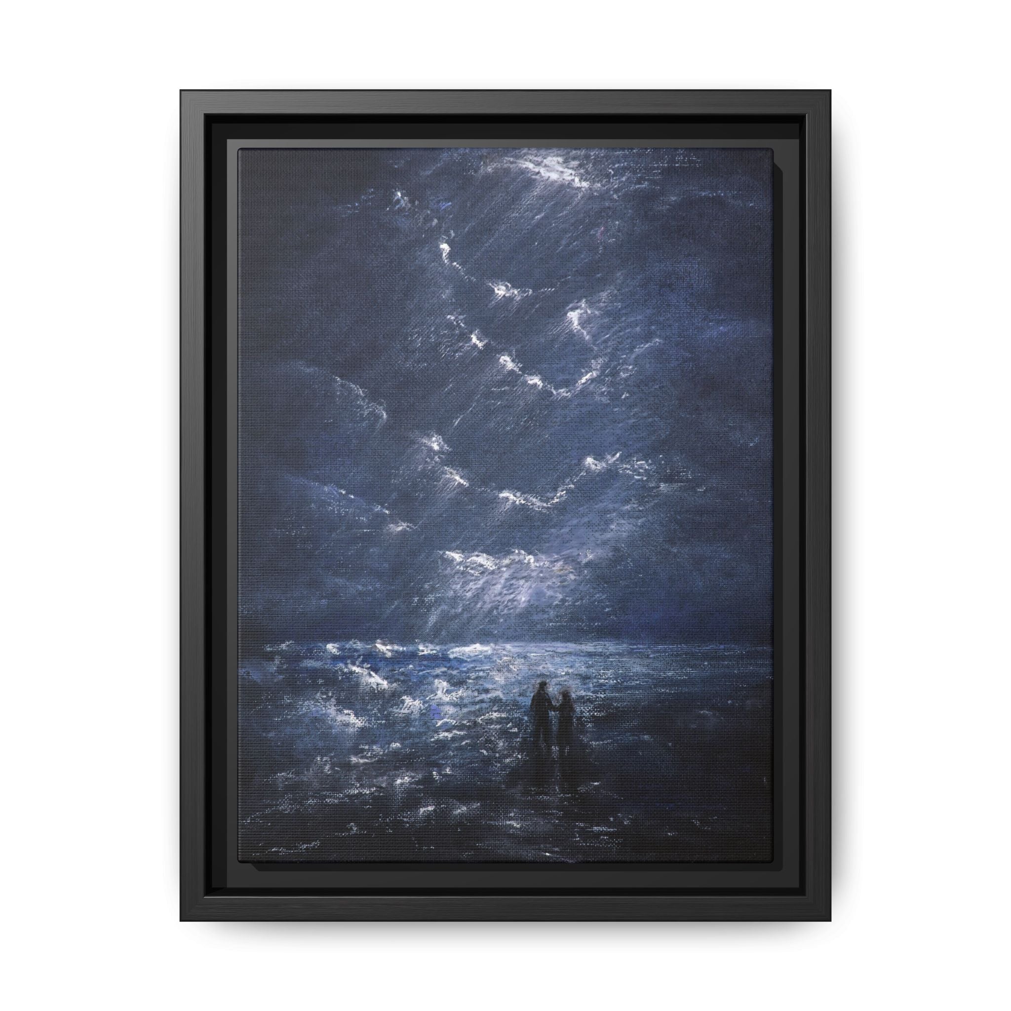 Couple on Shore at Night - Framed Canvas Art