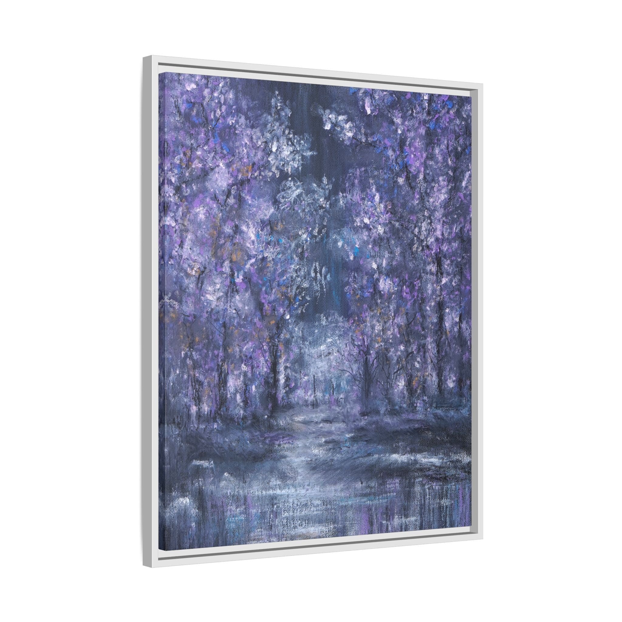 Framed Matte Canvas Art – Lavender Forest Moonlit Landscape
