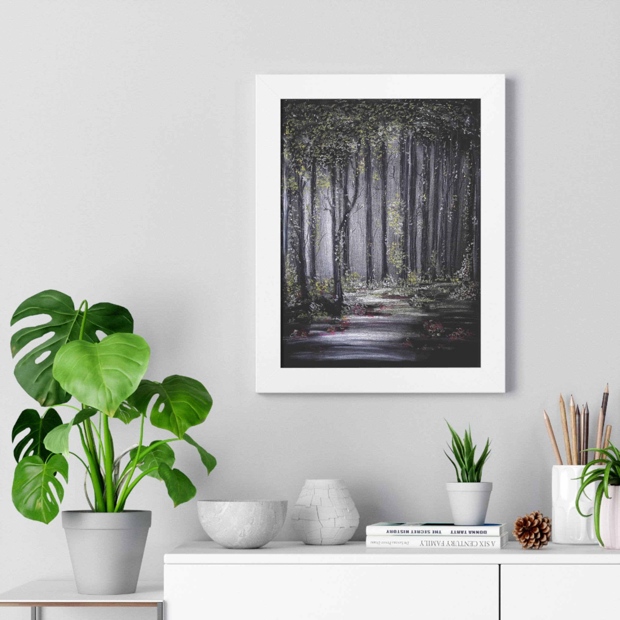 Framed Vertical Poster — Misty Forest Path Wall Art