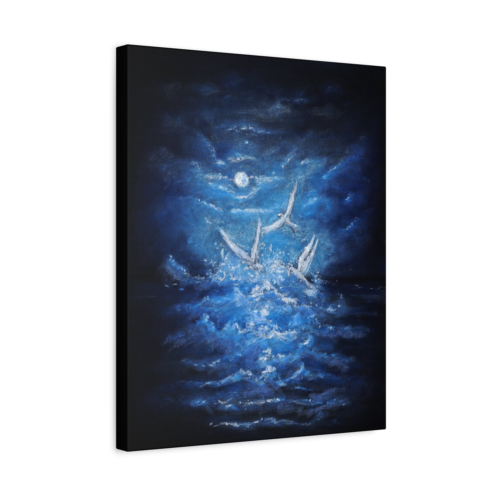 Moonlit White Birds Matte Stretched Canvas – Serene Ocean Wall Art