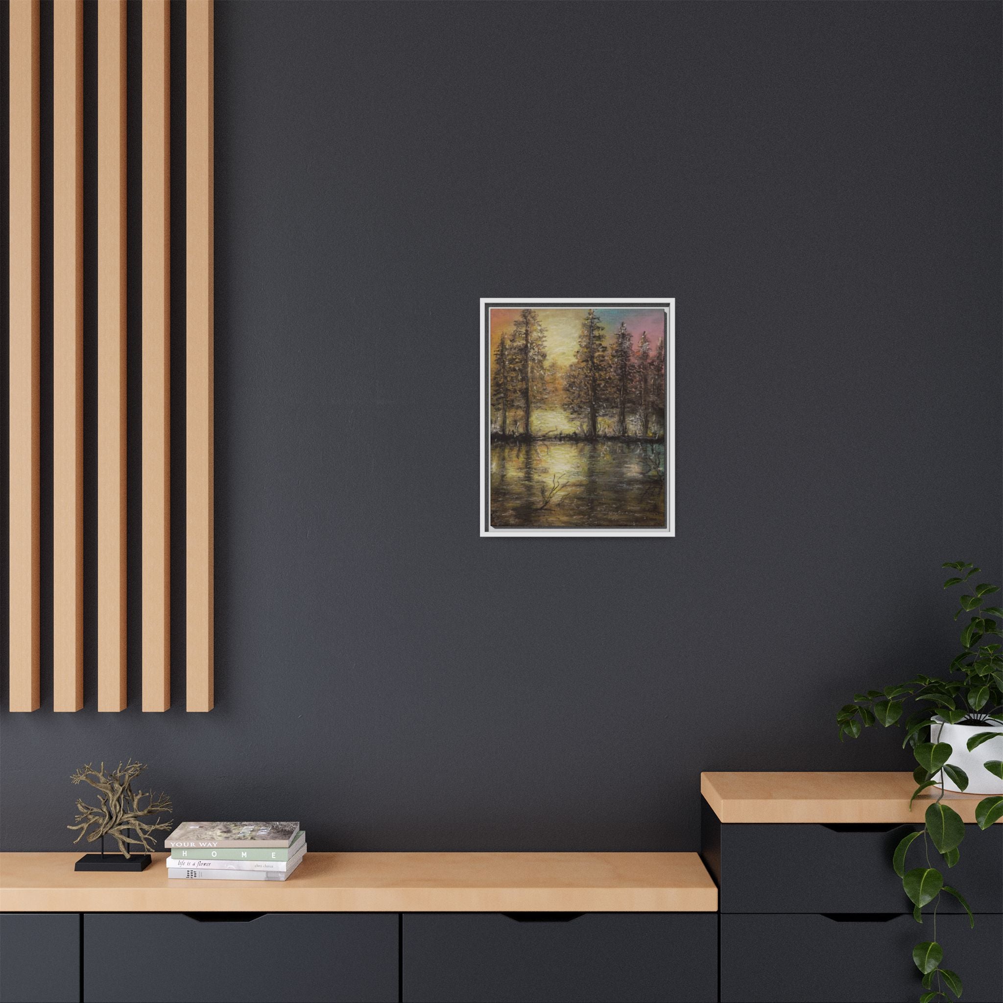 Framed Matte Canvas Wall Art — Sunset Forest Reflection