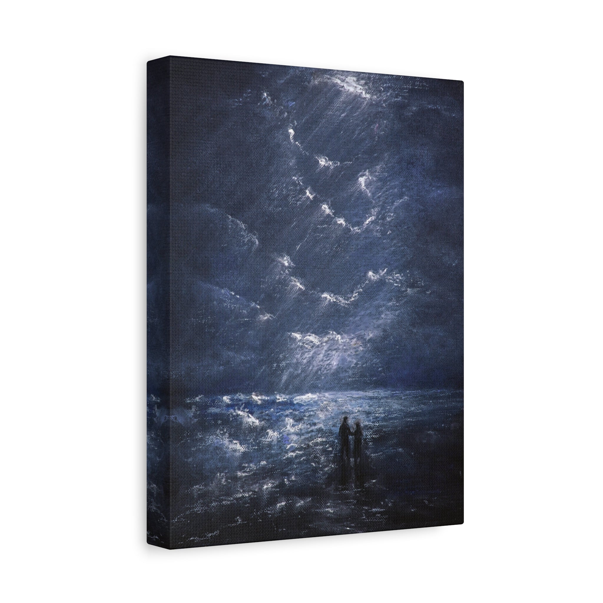 Canvas printed after original painting in oil colors of a dramatic landscape with two figures standing on a rocky shore under a stormy sky in indigo and blue tones. 