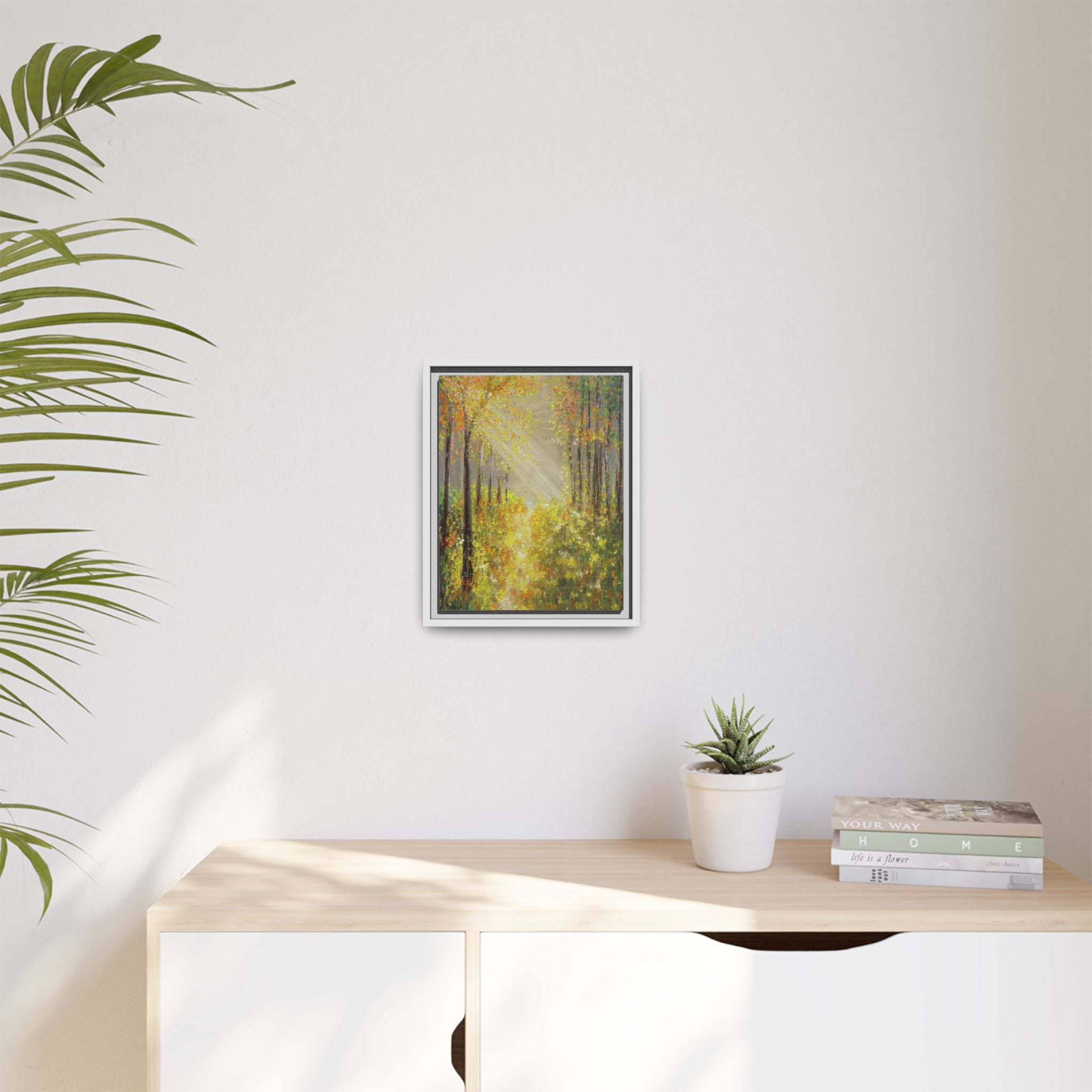 Sunlit Forest Path Framed Canvas Art — Autumn Woodland Wall Decor