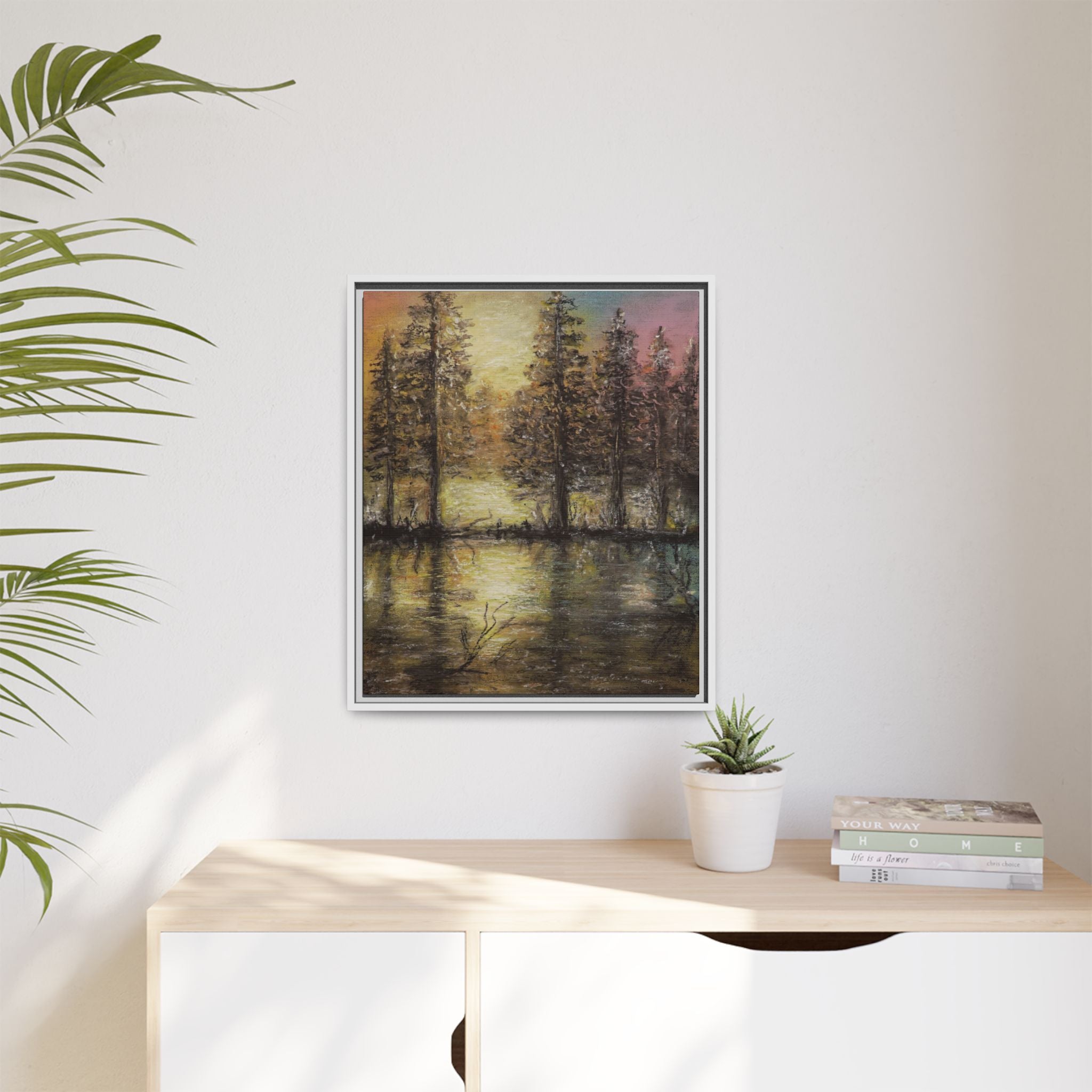 Framed Matte Canvas Wall Art — Sunset Forest Reflection