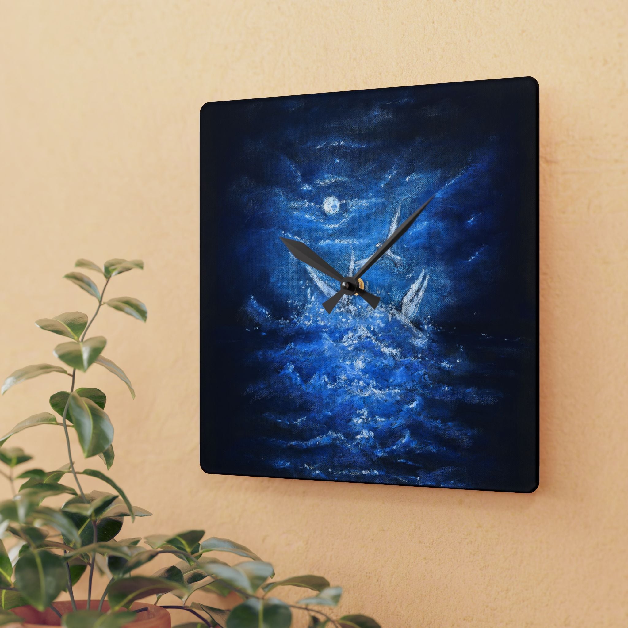 Acrylic Wall Clock — Midnight Ocean White Birds Night Sky Art