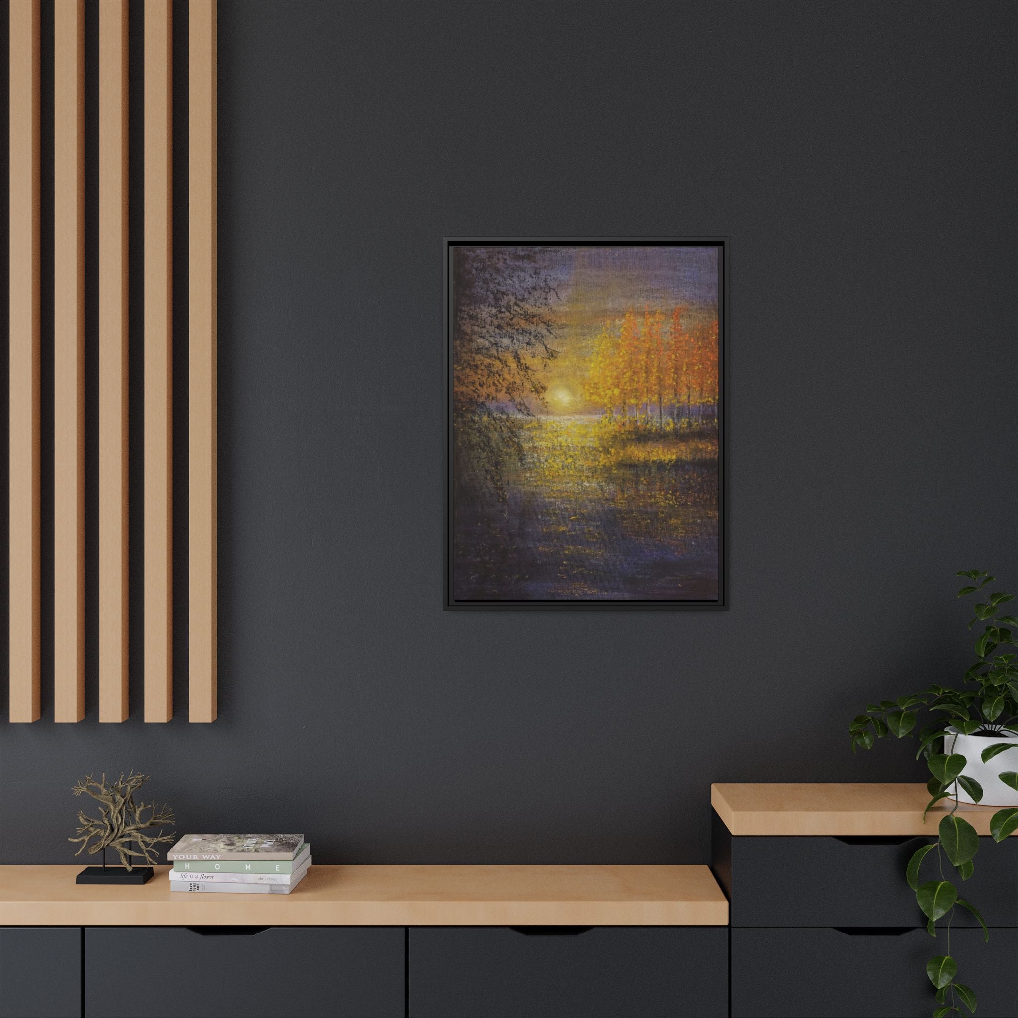 Framed Matte Canvas Painting - Golden Trees Over Tranquil Lake