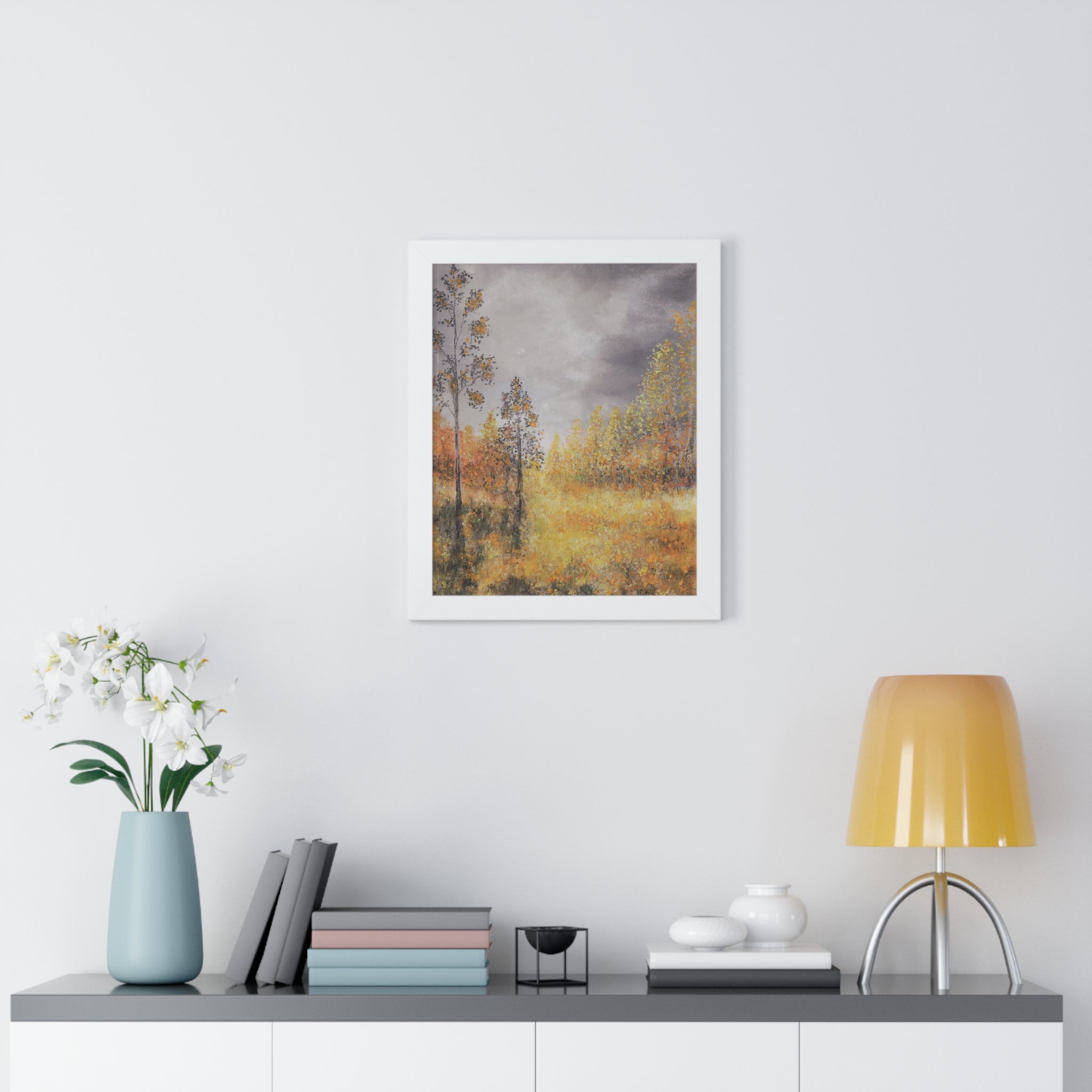 Autumn Meadow Framed Vertical Poster — Serene Fall Landscape Wall Art